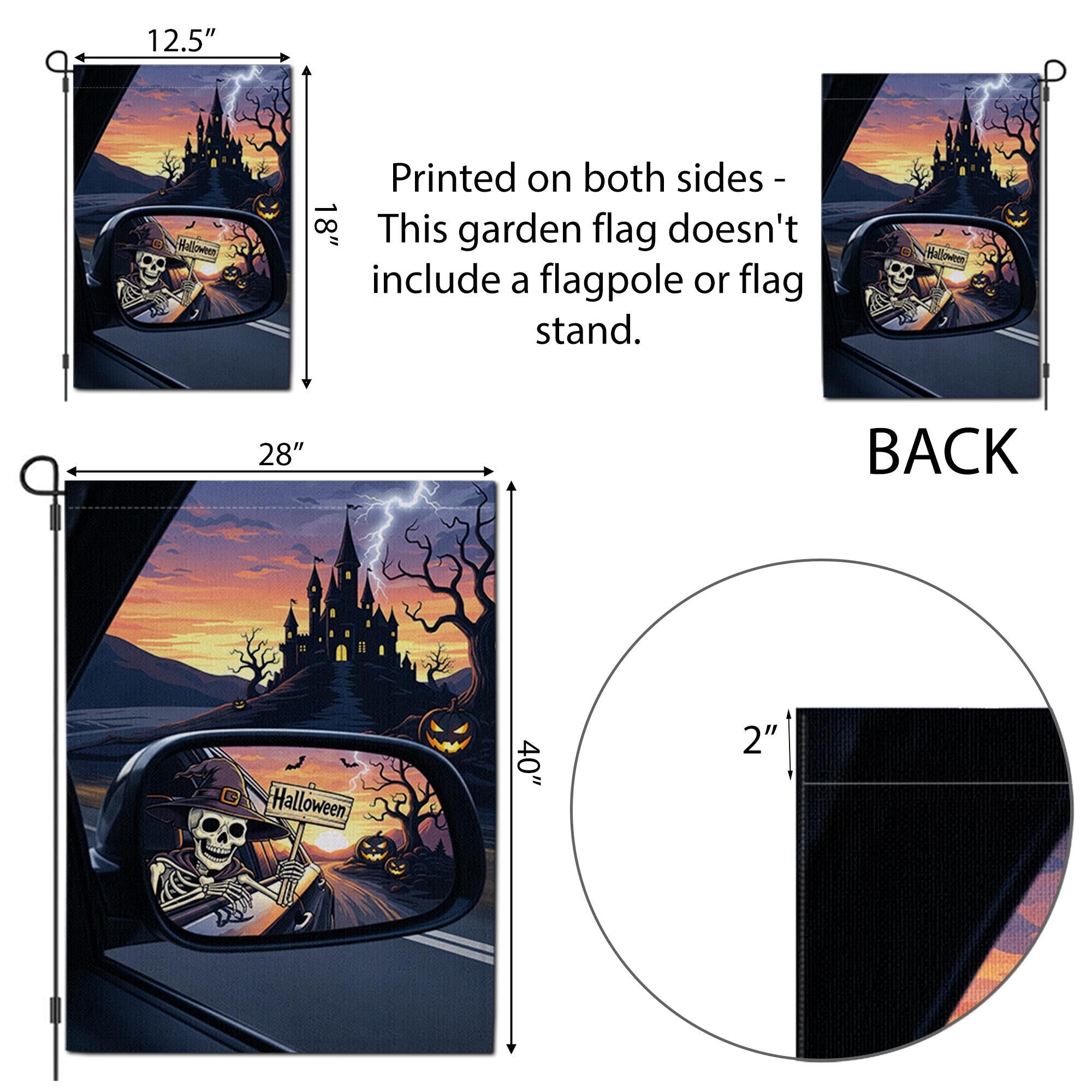 Skeleton Rearview Halloween Garden Flag – Spooky Castle Car Mirror Yard Decor – Haunted Fall Outdoor Sign