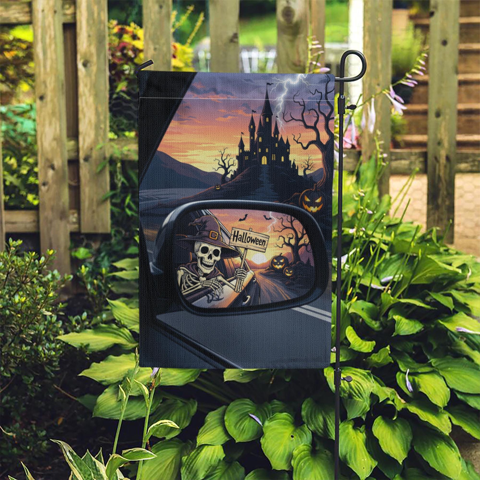Skeleton Rearview Halloween Garden Flag – Spooky Castle Car Mirror Yard Decor – Haunted Fall Outdoor Sign