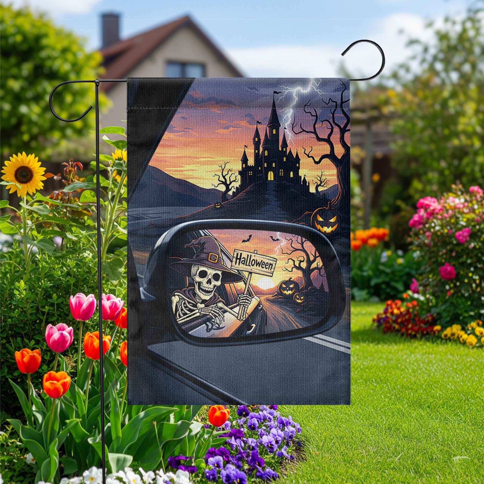 Skeleton Rearview Halloween Garden Flag – Spooky Castle Car Mirror Yard Decor – Haunted Fall Outdoor Sign