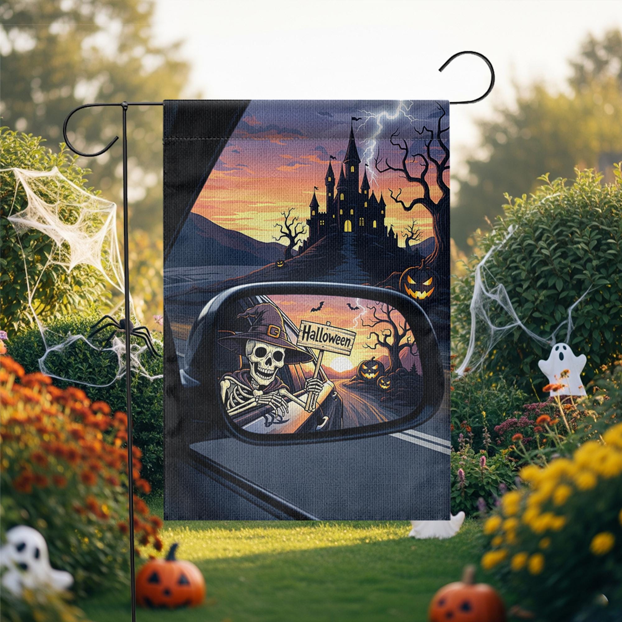 Skeleton Rearview Halloween Garden Flag – Spooky Castle Car Mirror Yard Decor – Haunted Fall Outdoor Sign