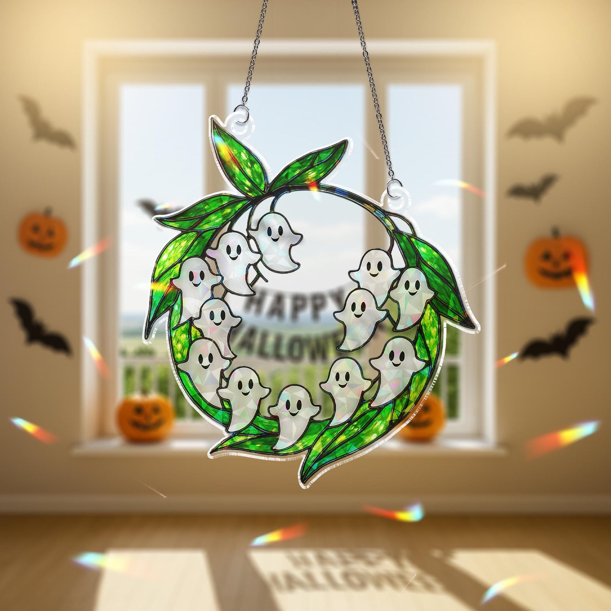 Ghost Floral Wreath ACRYLIC Suncatcher Halloween Decor, Acrylic Window Hanging, Holographic Ghost Ornament, Fall Spooky Leaf Wreath Gift