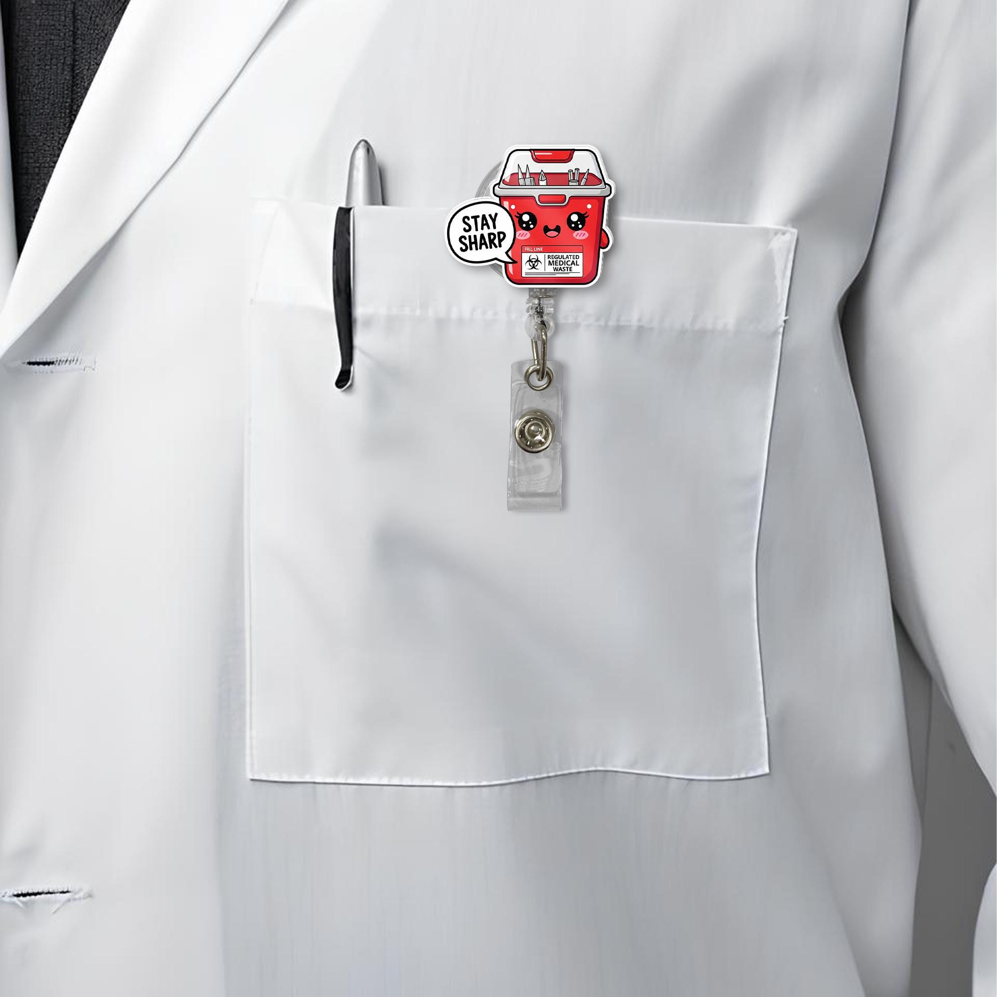 Cute Sharps Container Badge Reel, Stay Sharp Nurse ID Holder, Funny Medical Badge Clip, Kawaii Healthcare Accessory, RN Gift Idea