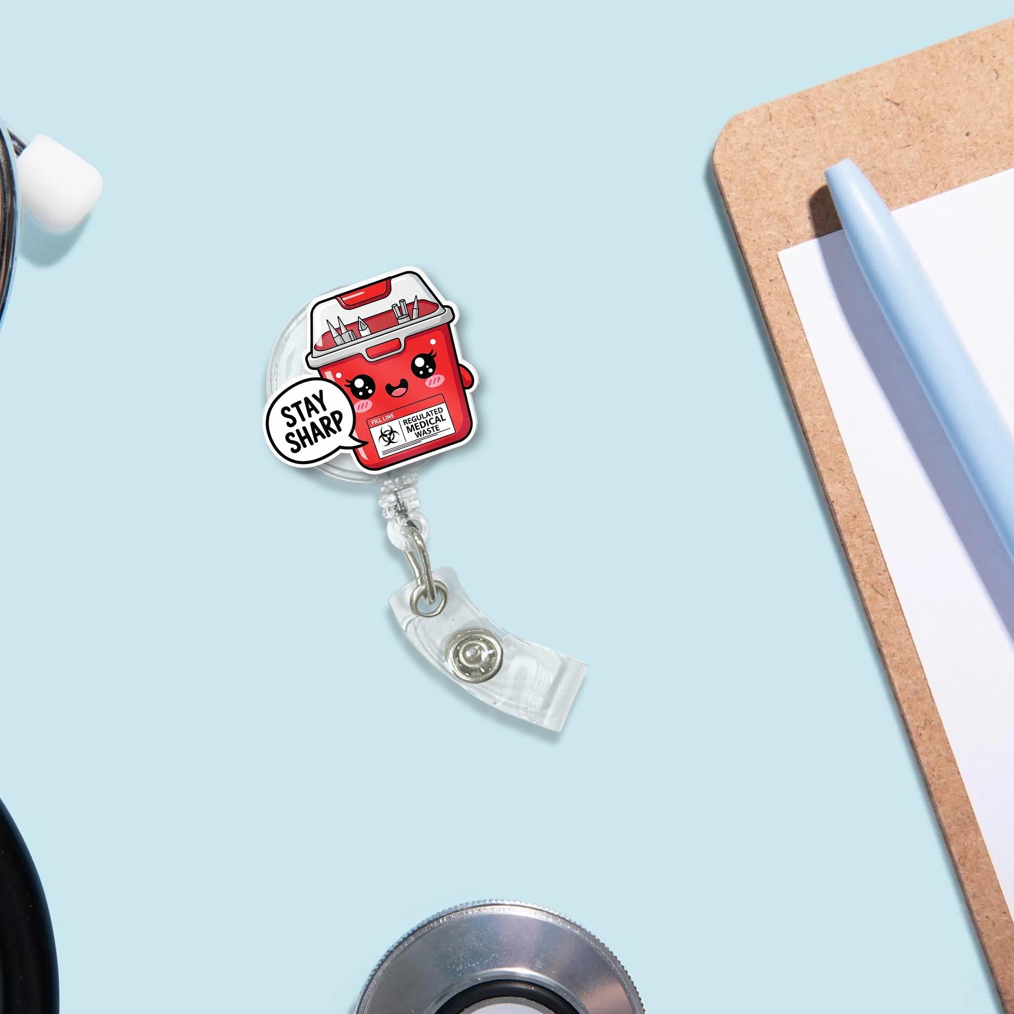 Cute Sharps Container Badge Reel, Stay Sharp Nurse ID Holder, Funny Medical Badge Clip, Kawaii Healthcare Accessory, RN Gift Idea