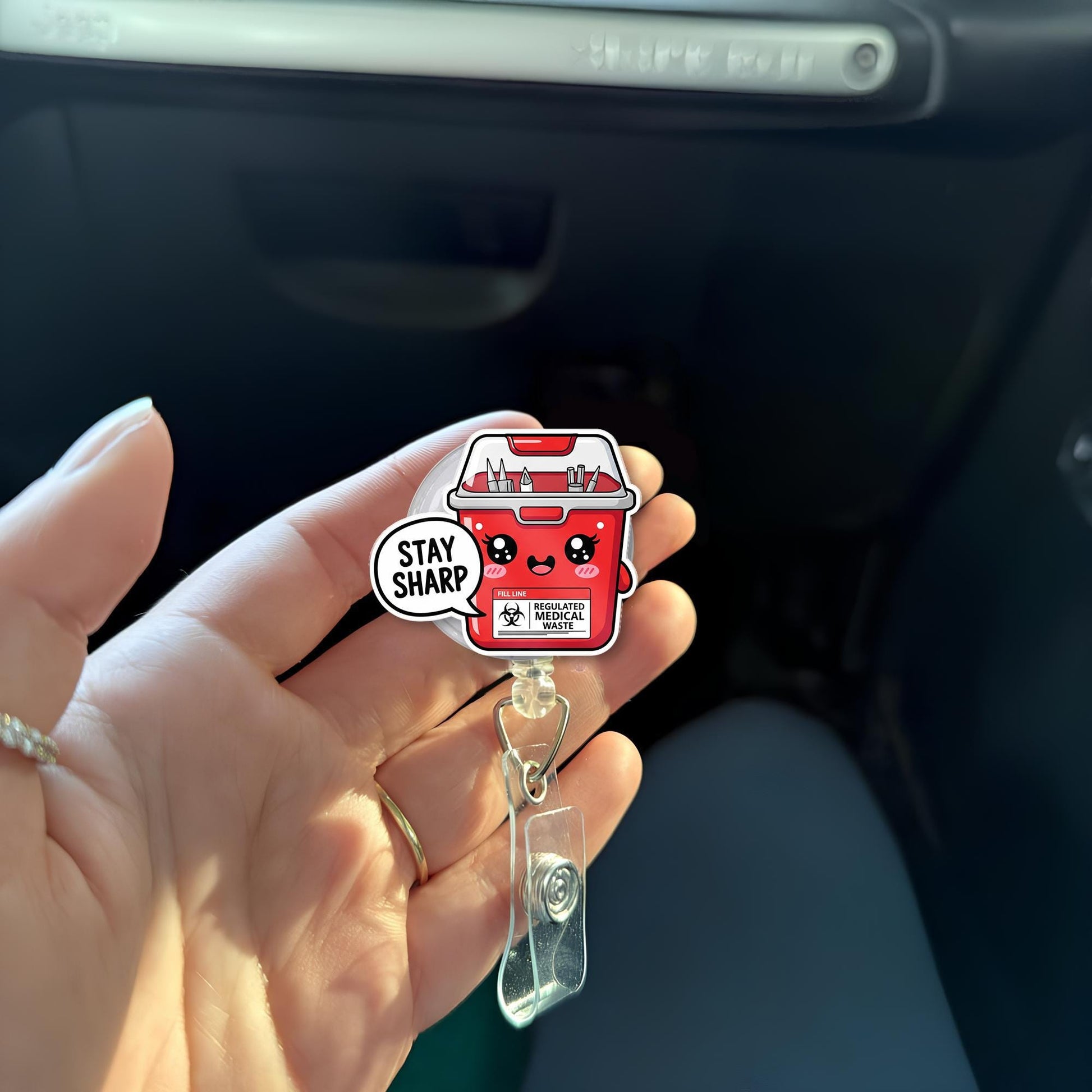 Cute Sharps Container Badge Reel, Stay Sharp Nurse ID Holder, Funny Medical Badge Clip, Kawaii Healthcare Accessory, RN Gift Idea