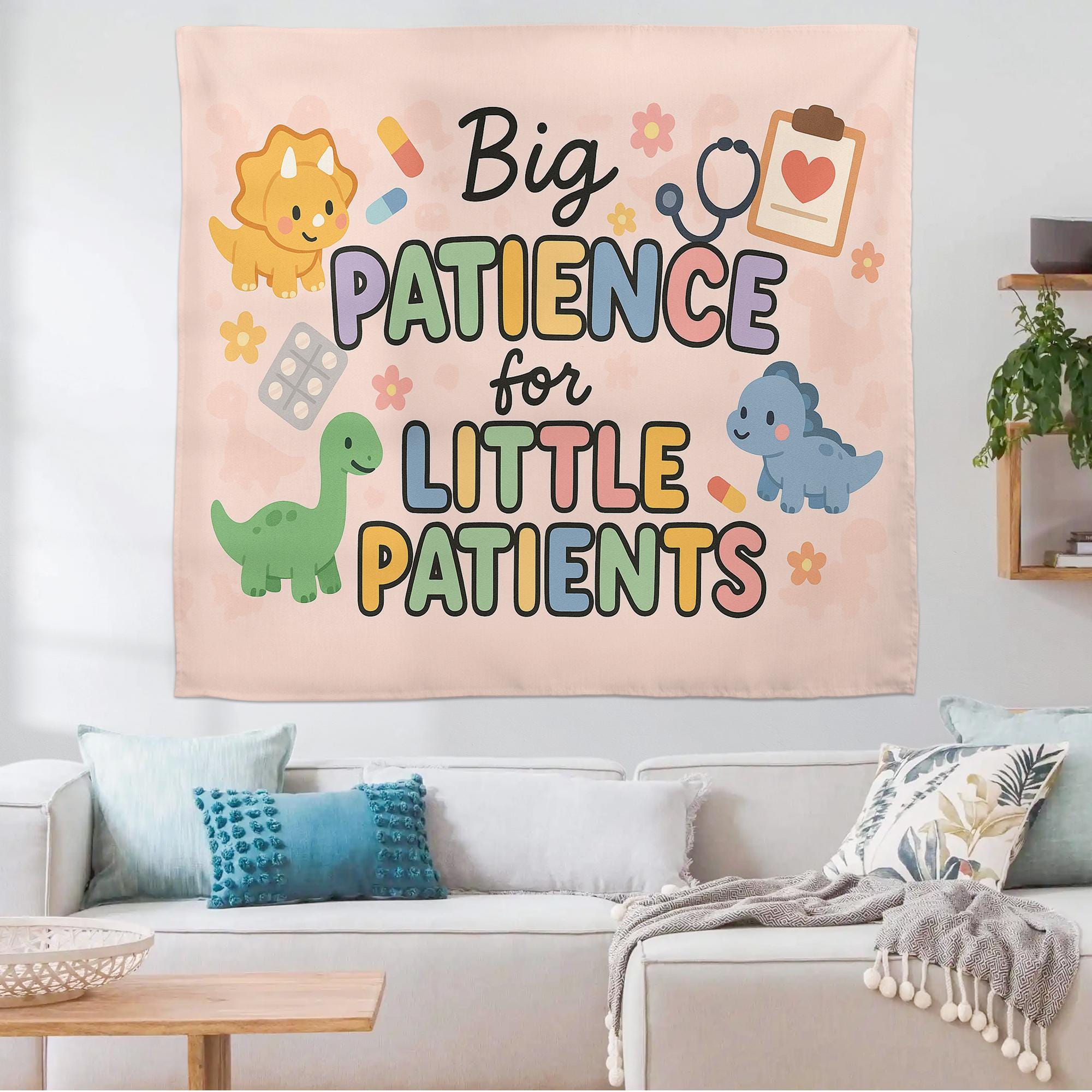 Big Patience for Little Patients Tapestry | Pediatric Nurse Wall Decor | Cute Dino Clinic Sign | Hospital Kids Room Banner Gift