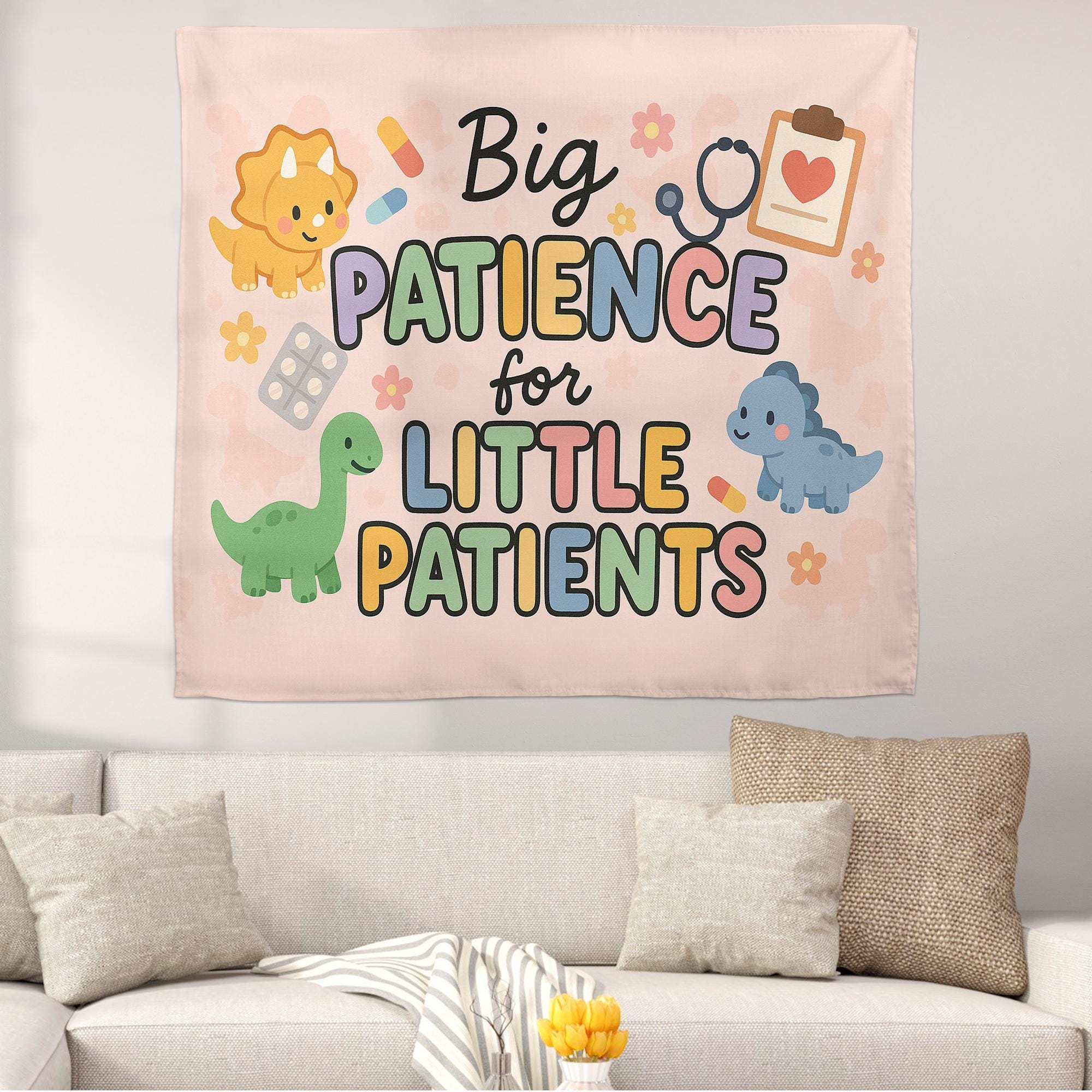 Big Patience for Little Patients Tapestry | Pediatric Nurse Wall Decor | Cute Dino Clinic Sign | Hospital Kids Room Banner Gift