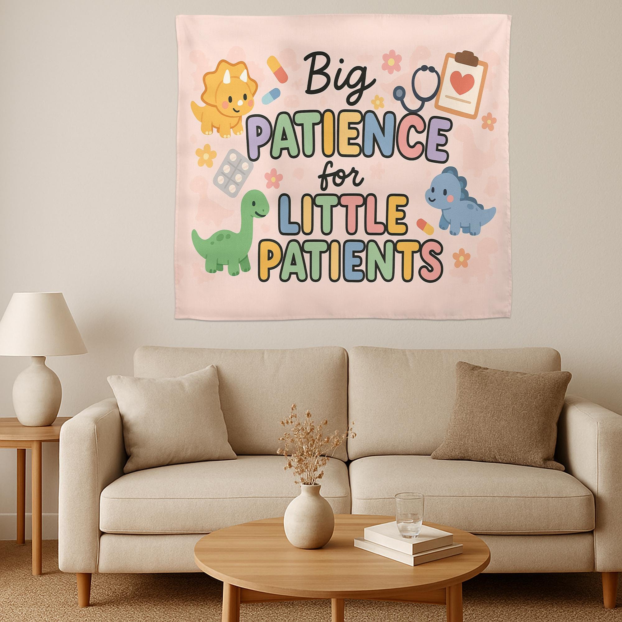 Big Patience for Little Patients Tapestry | Pediatric Nurse Wall Decor | Cute Dino Clinic Sign | Hospital Kids Room Banner Gift
