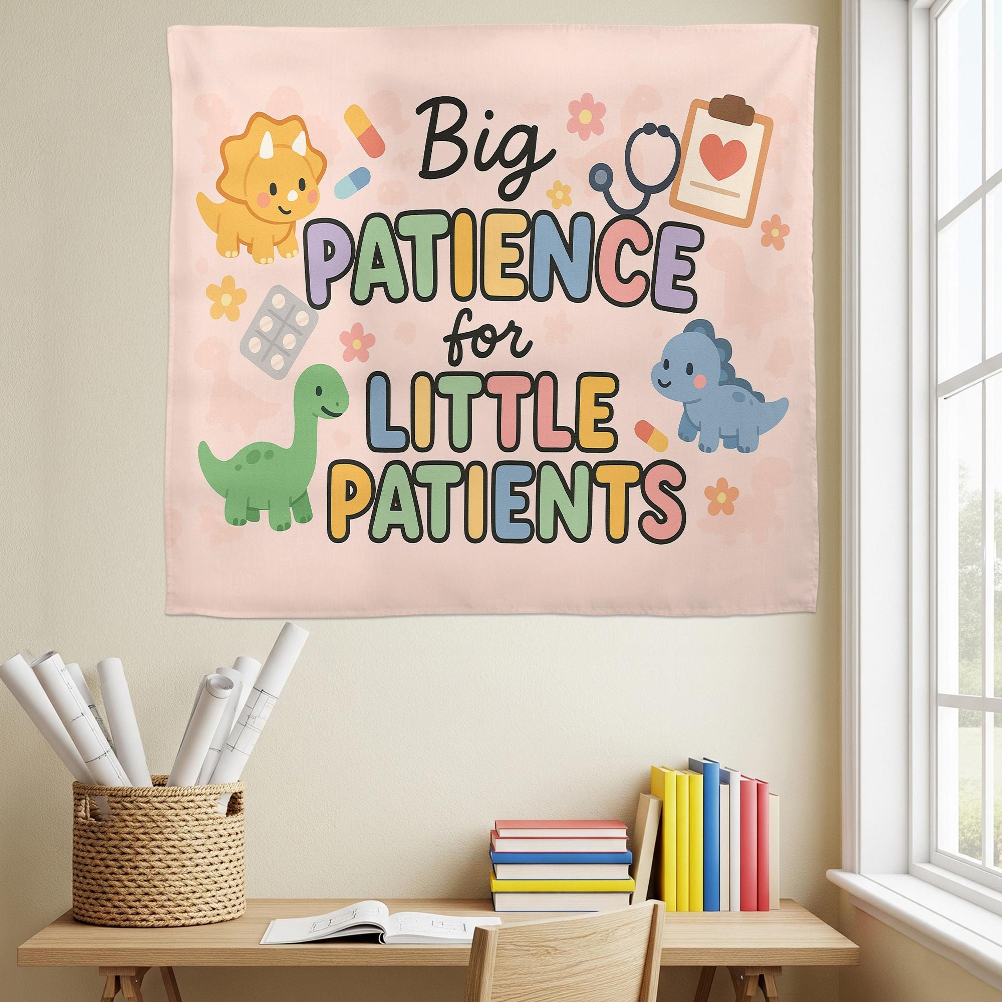 Big Patience for Little Patients Tapestry | Pediatric Nurse Wall Decor | Cute Dino Clinic Sign | Hospital Kids Room Banner Gift