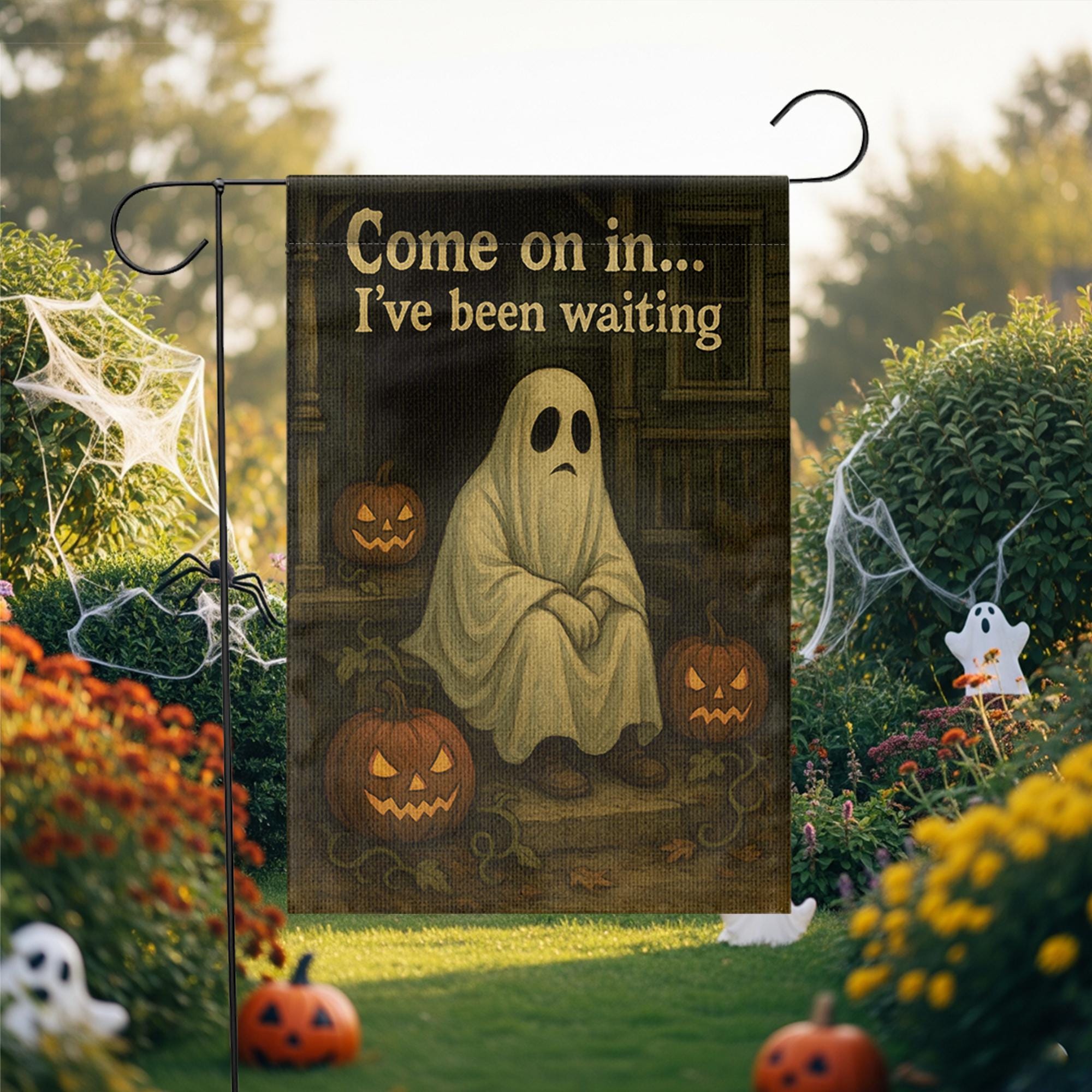 Sad Ghost Halloween Garden Flag, Spooky Outdoor Yard Decor, Come On In I've Been Waiting Flag, Fall Porch Decoration Sign, Halloween Season
