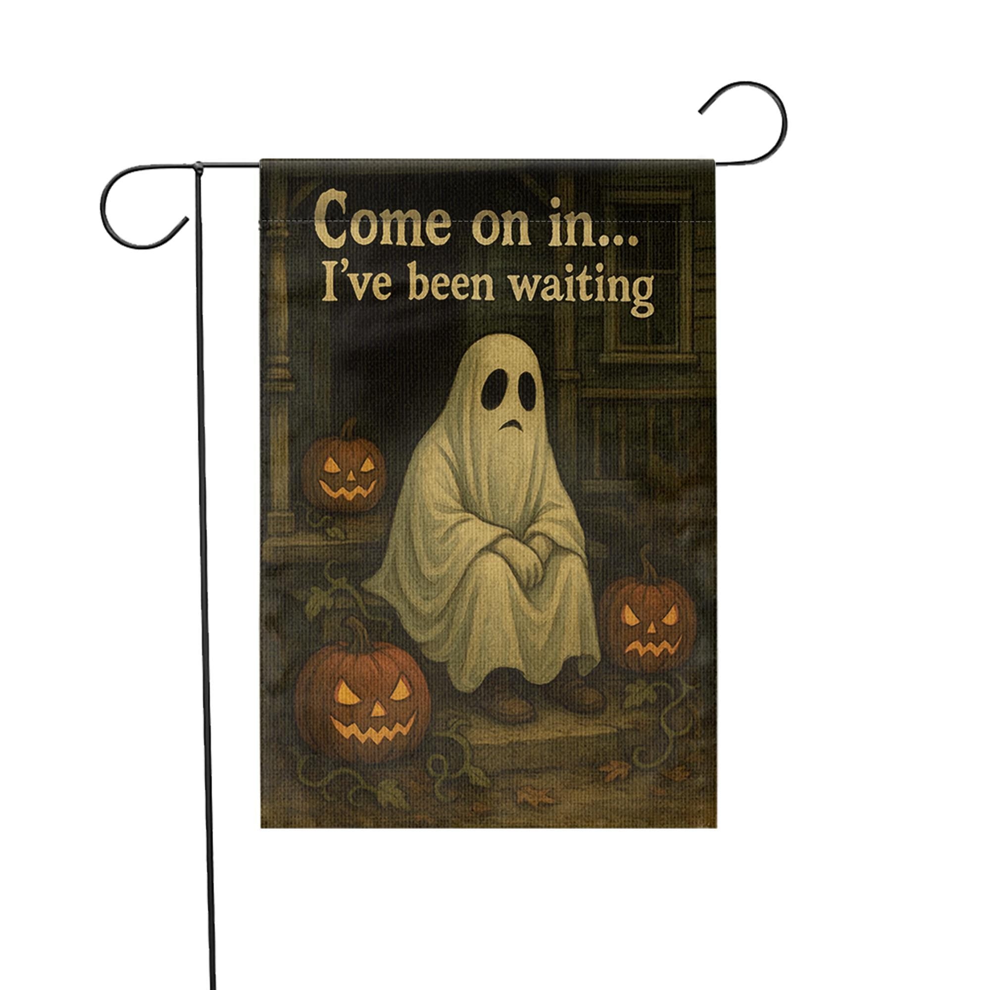 Sad Ghost Halloween Garden Flag, Spooky Outdoor Yard Decor, Come On In I've Been Waiting Flag, Fall Porch Decoration Sign, Halloween Season