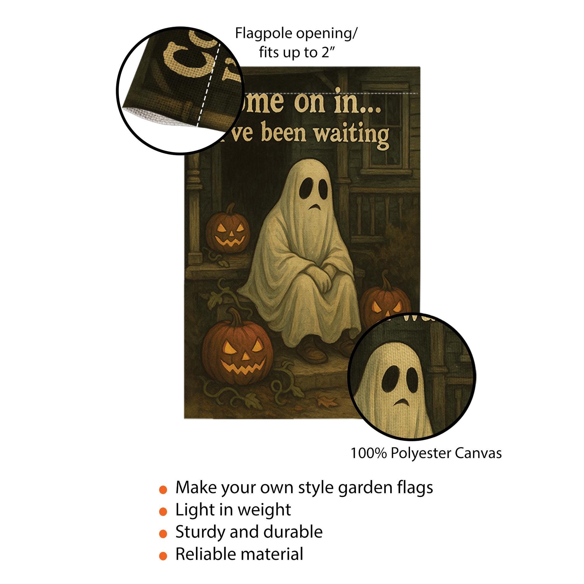 Sad Ghost Halloween Garden Flag, Spooky Outdoor Yard Decor, Come On In I've Been Waiting Flag, Fall Porch Decoration Sign, Halloween Season
