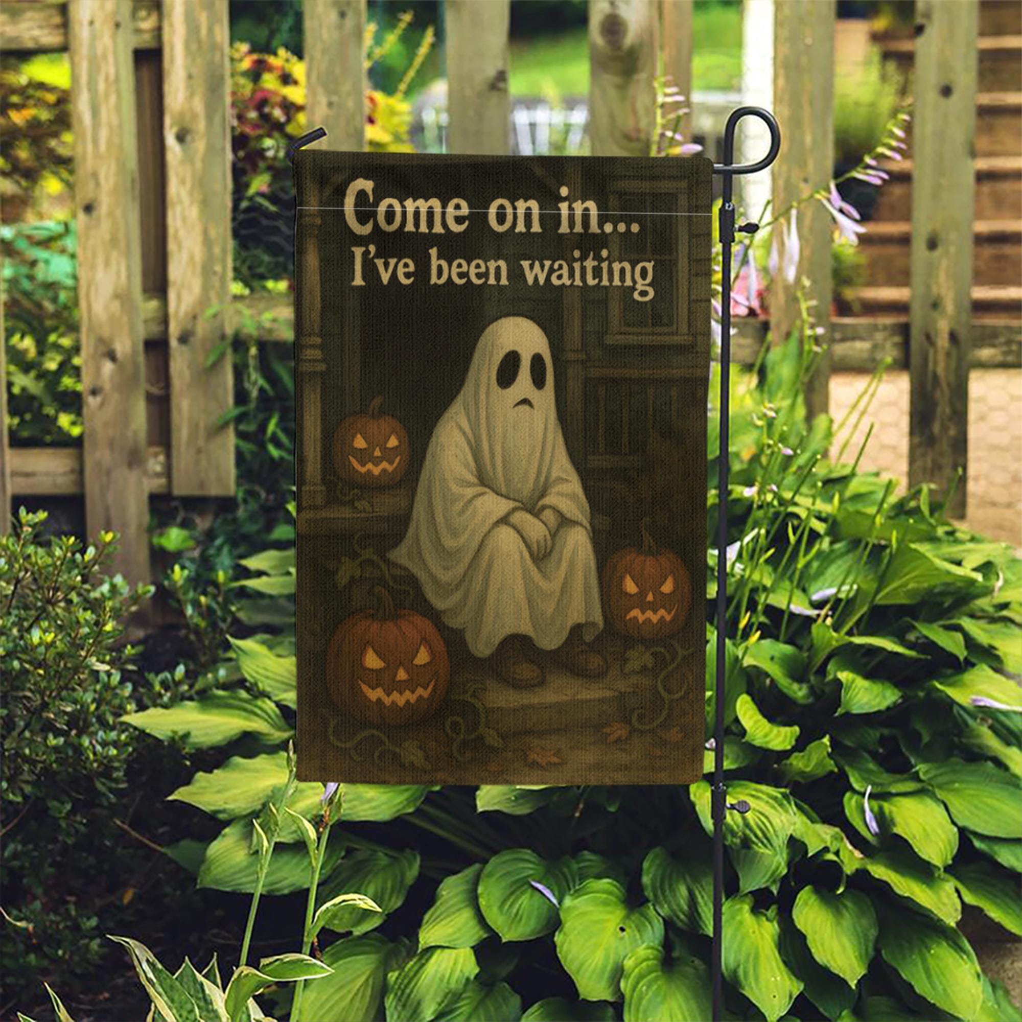 Sad Ghost Halloween Garden Flag, Spooky Outdoor Yard Decor, Come On In I've Been Waiting Flag, Fall Porch Decoration Sign, Halloween Season