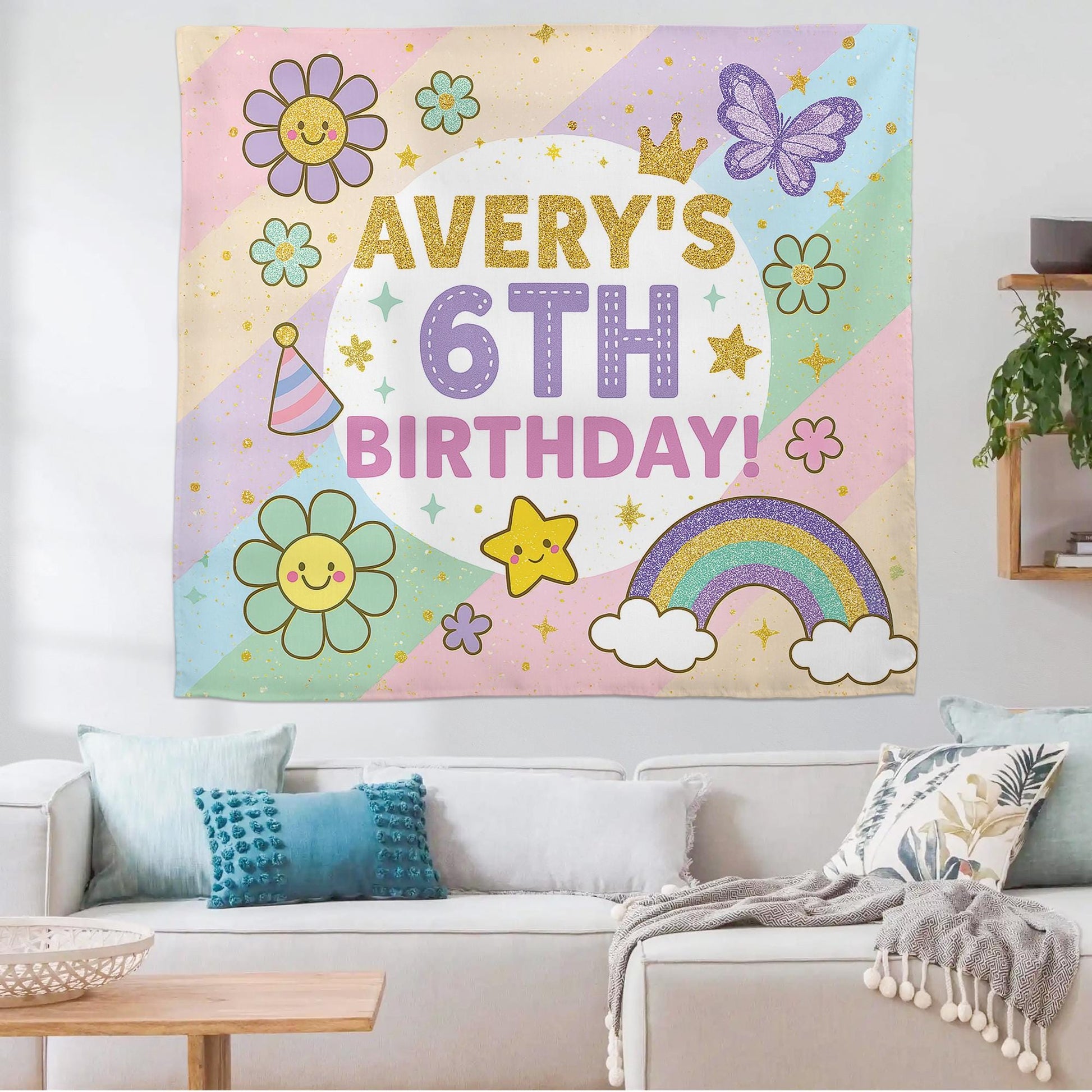 Kids 6th Birthday Banner, Pastel Rainbow Party Backdrop, Retro Flower Birthday Decor, Custom Girl Celebration Sign, Birthday Tapestry