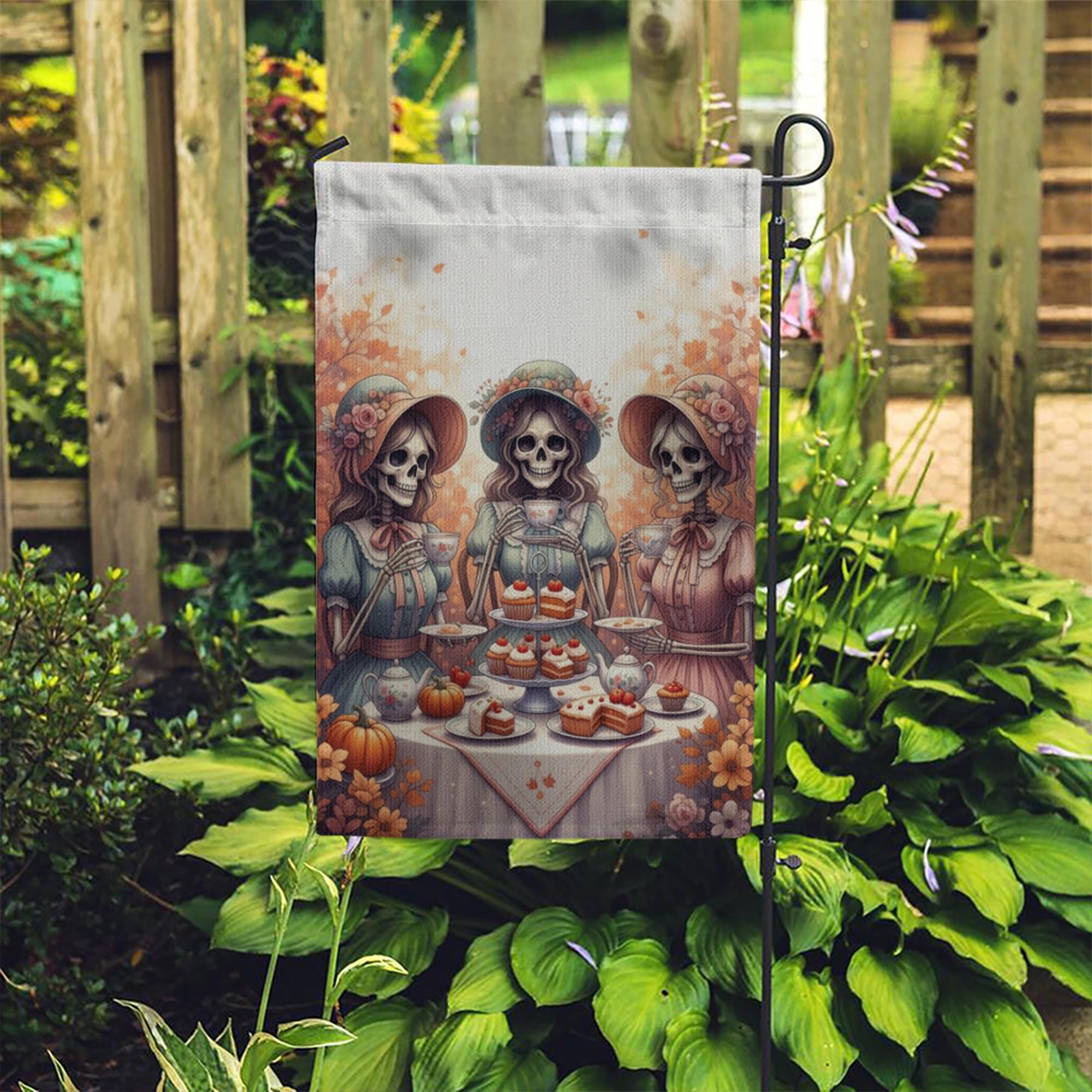 Skeleton Tea Party Garden Flag | Gothic Halloween Outdoor Decor | Vintage Skeleton Ladies Yard Banner | Spooky Fall Tea Time Sign