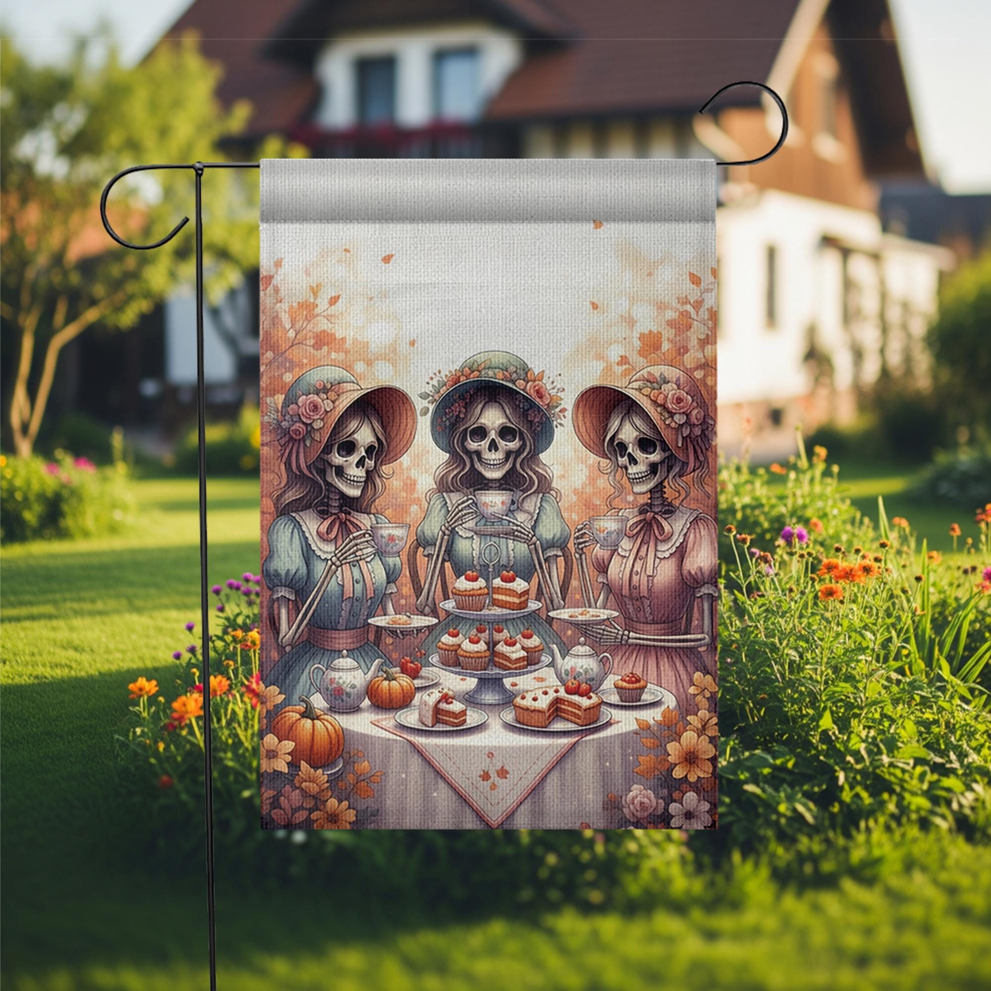 Skeleton Tea Party Garden Flag | Gothic Halloween Outdoor Decor | Vintage Skeleton Ladies Yard Banner | Spooky Fall Tea Time Sign