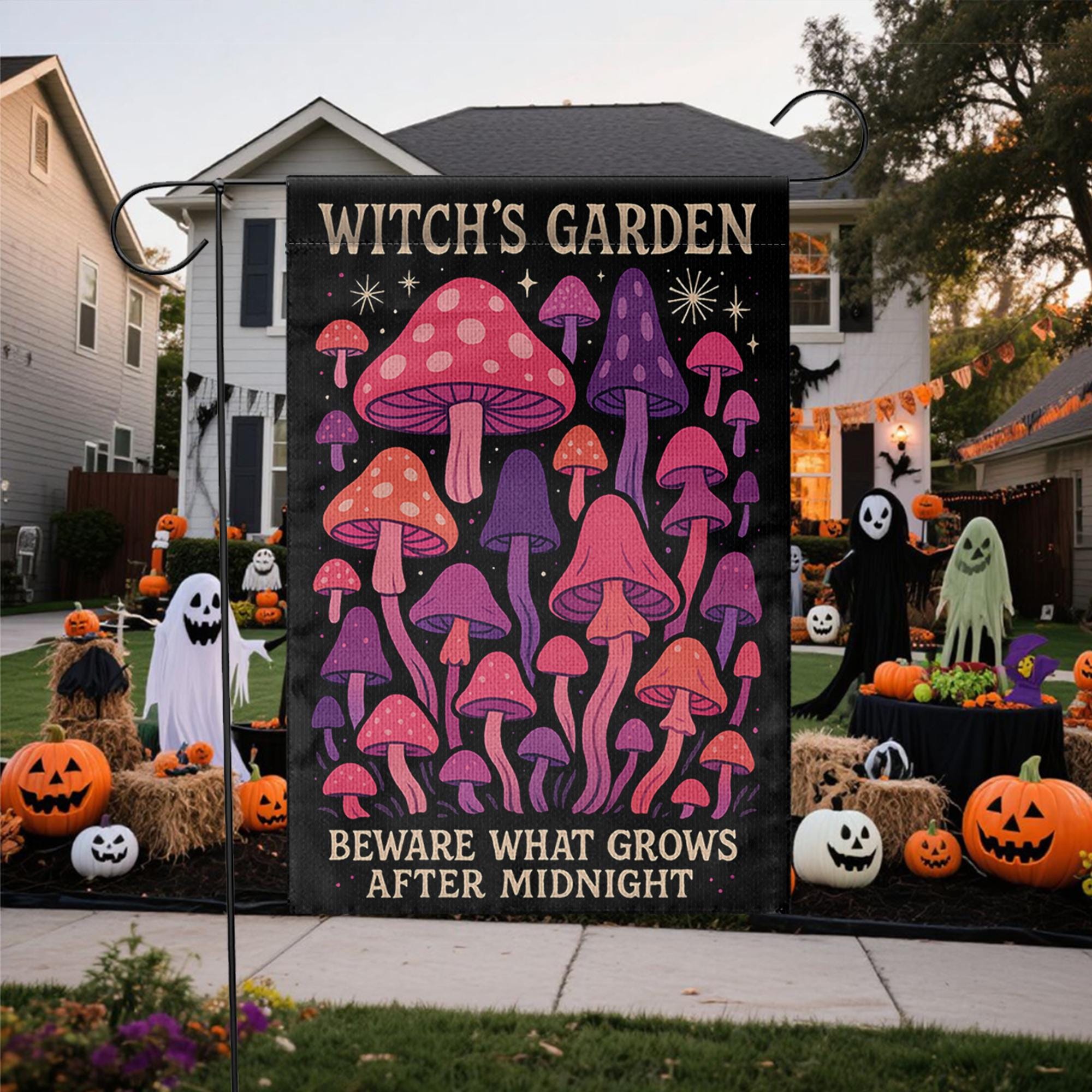 Witch’s Garden Flag, Magical Mushroom Yard Decor, Halloween Garden Banner, Midnight Toadstool Outdoor Flag, Spooky Lawn Sign