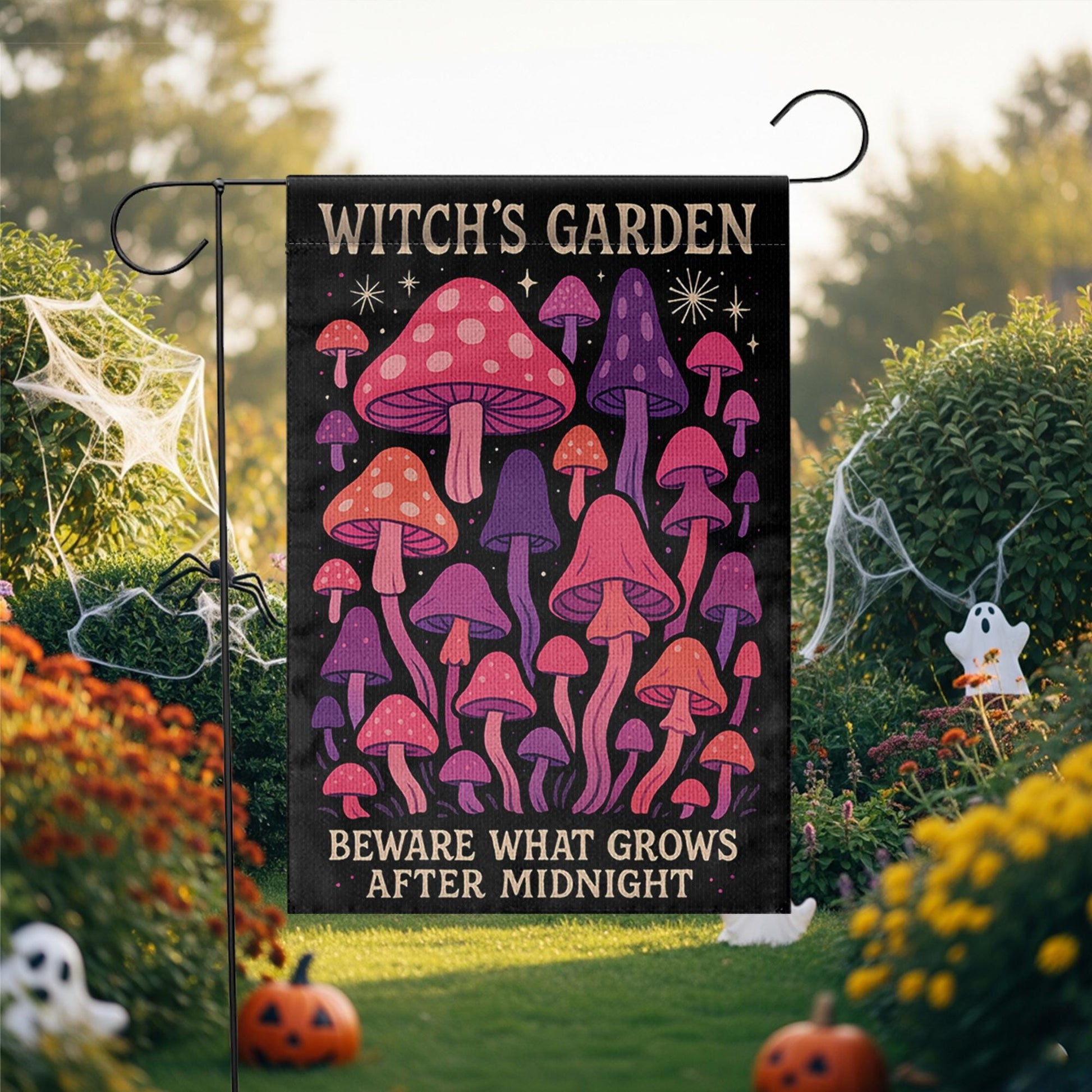 Witch’s Garden Flag, Magical Mushroom Yard Decor, Halloween Garden Banner, Midnight Toadstool Outdoor Flag, Spooky Lawn Sign