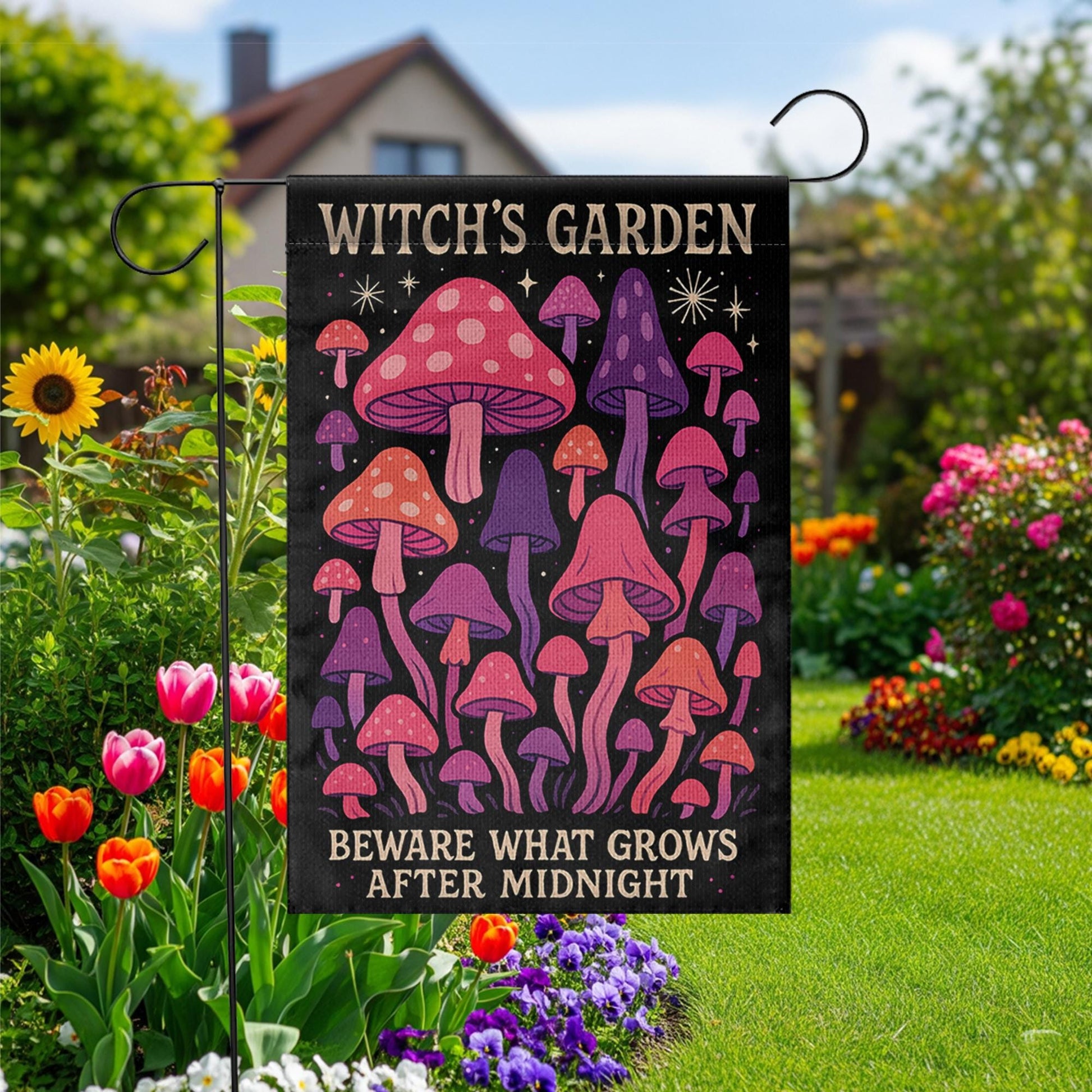Witch’s Garden Flag, Magical Mushroom Yard Decor, Halloween Garden Banner, Midnight Toadstool Outdoor Flag, Spooky Lawn Sign