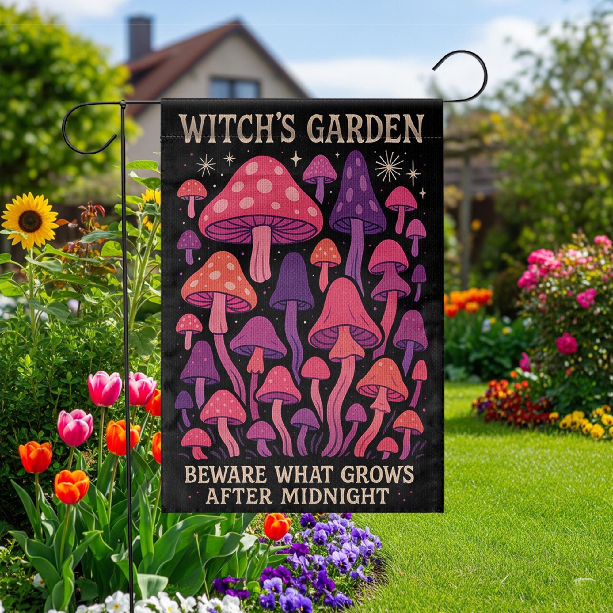 Witch’s Garden Flag, Magical Mushroom Yard Decor, Halloween Garden Banner, Midnight Toadstool Outdoor Flag, Spooky Lawn Sign