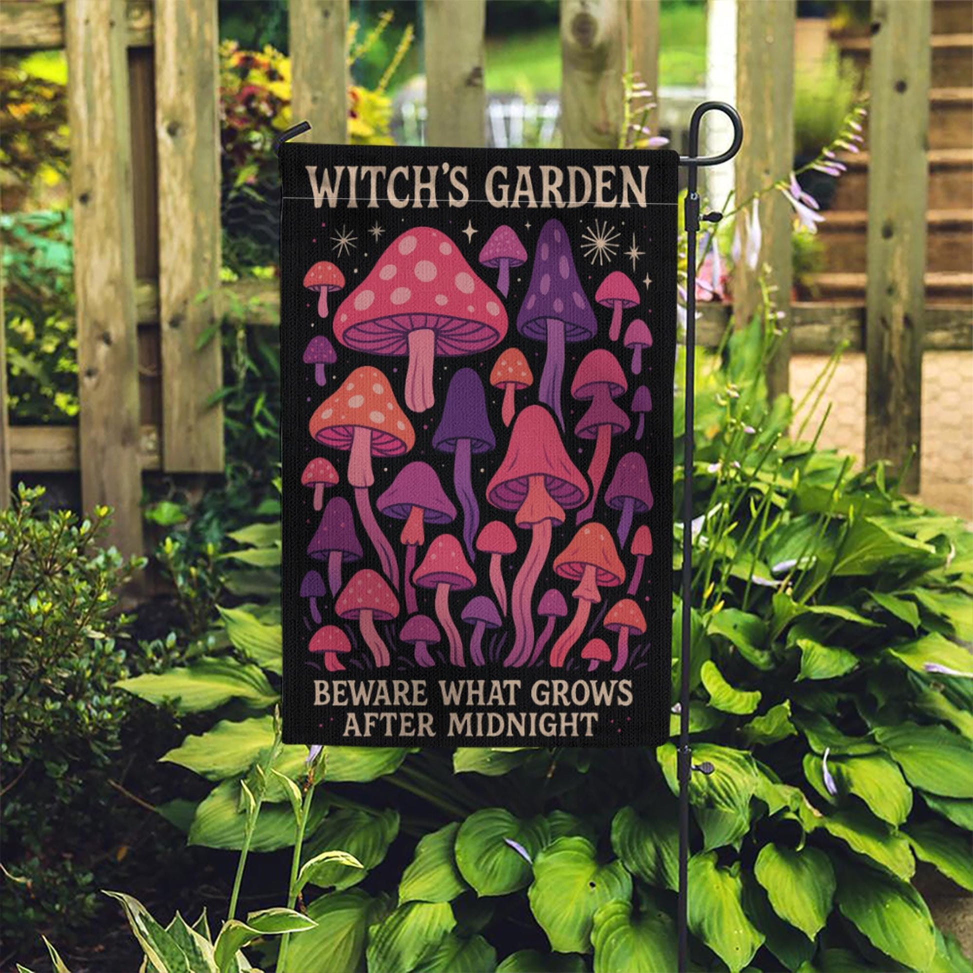 Witch’s Garden Flag, Magical Mushroom Yard Decor, Halloween Garden Banner, Midnight Toadstool Outdoor Flag, Spooky Lawn Sign