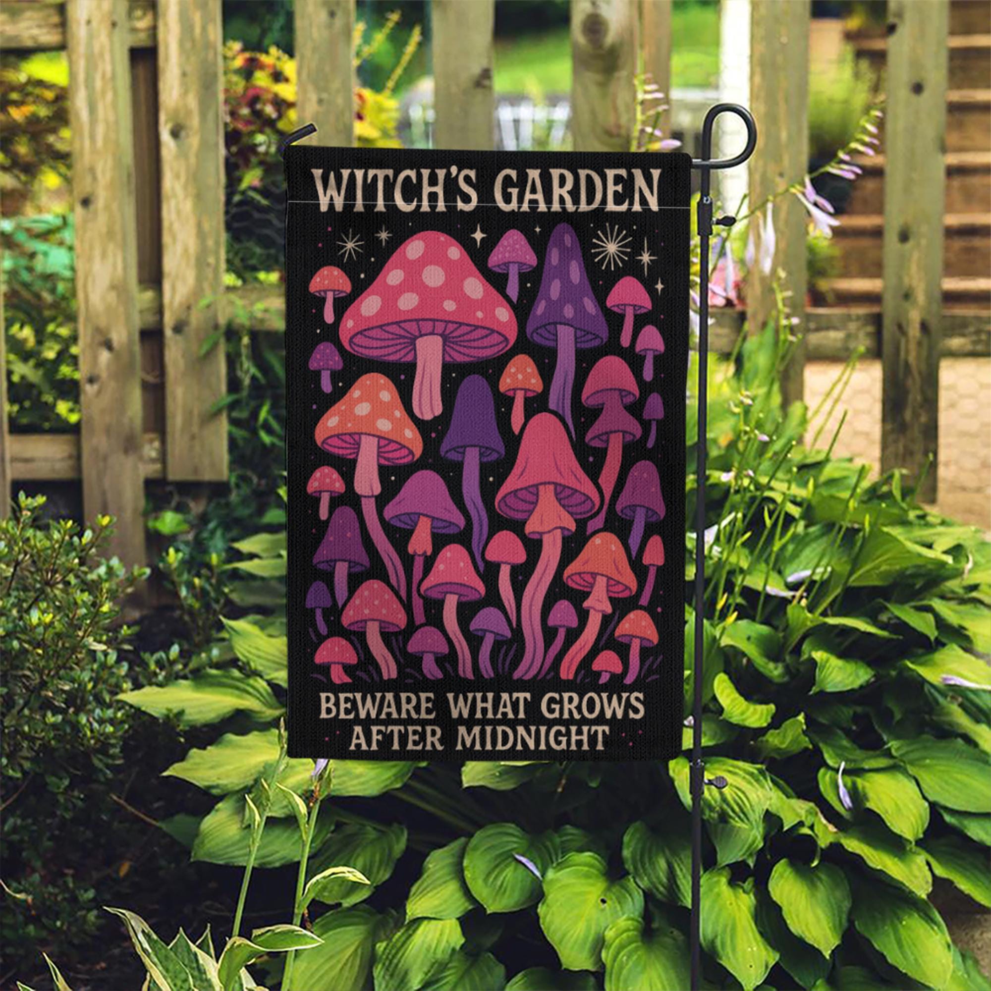 Witch’s Garden Flag, Magical Mushroom Yard Decor, Halloween Garden Banner, Midnight Toadstool Outdoor Flag, Spooky Lawn Sign