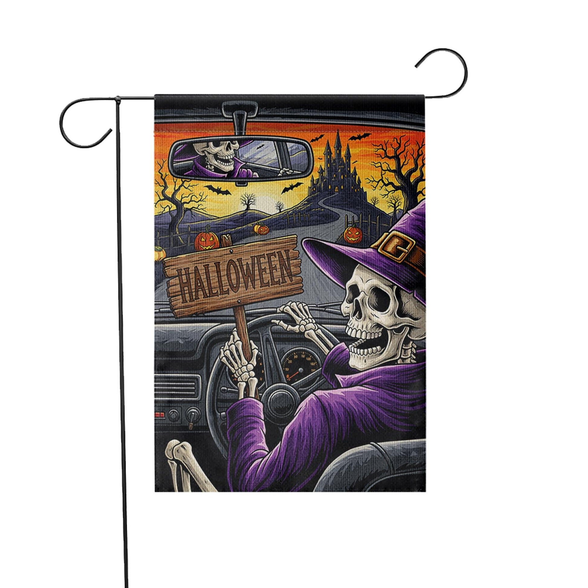 Skeleton Witch Driving Halloween Garden Flag – Spooky Haunted Castle Yard Decor – Creepy Fall Outdoor Sign