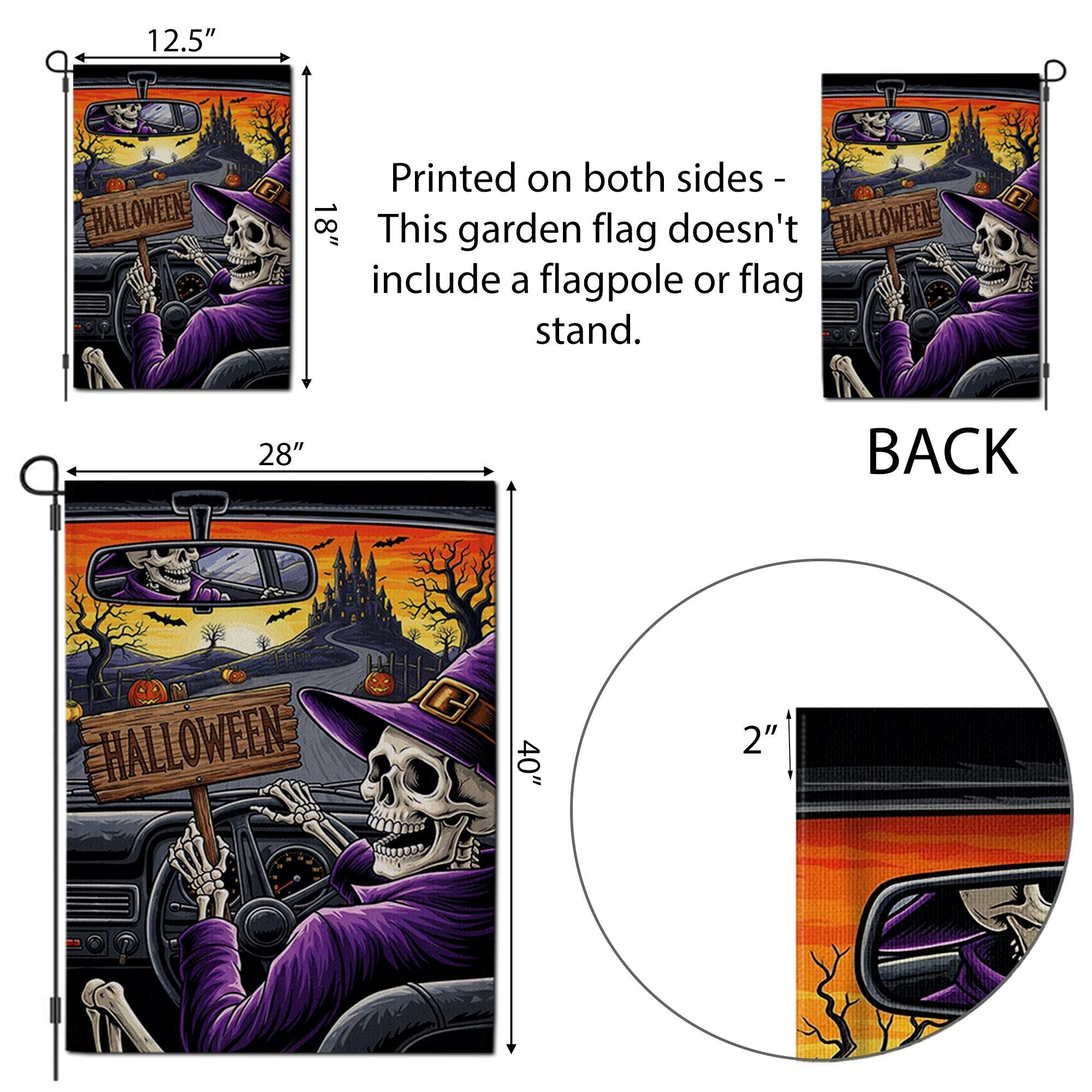 Skeleton Witch Driving Halloween Garden Flag – Spooky Haunted Castle Yard Decor – Creepy Fall Outdoor Sign