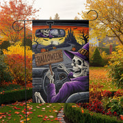 Skeleton Witch Driving Halloween Garden Flag – Spooky Haunted Castle Yard Decor – Creepy Fall Outdoor Sign