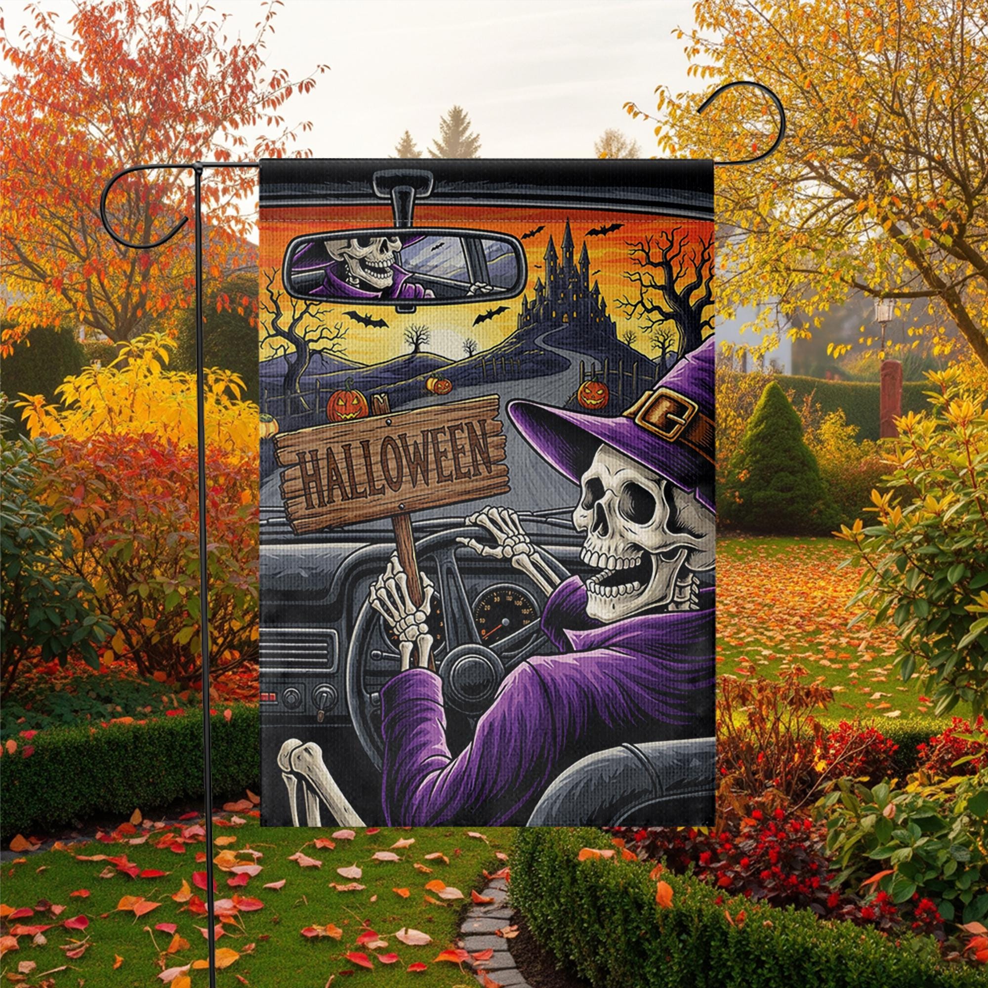 Skeleton Witch Driving Halloween Garden Flag – Spooky Haunted Castle Yard Decor – Creepy Fall Outdoor Sign