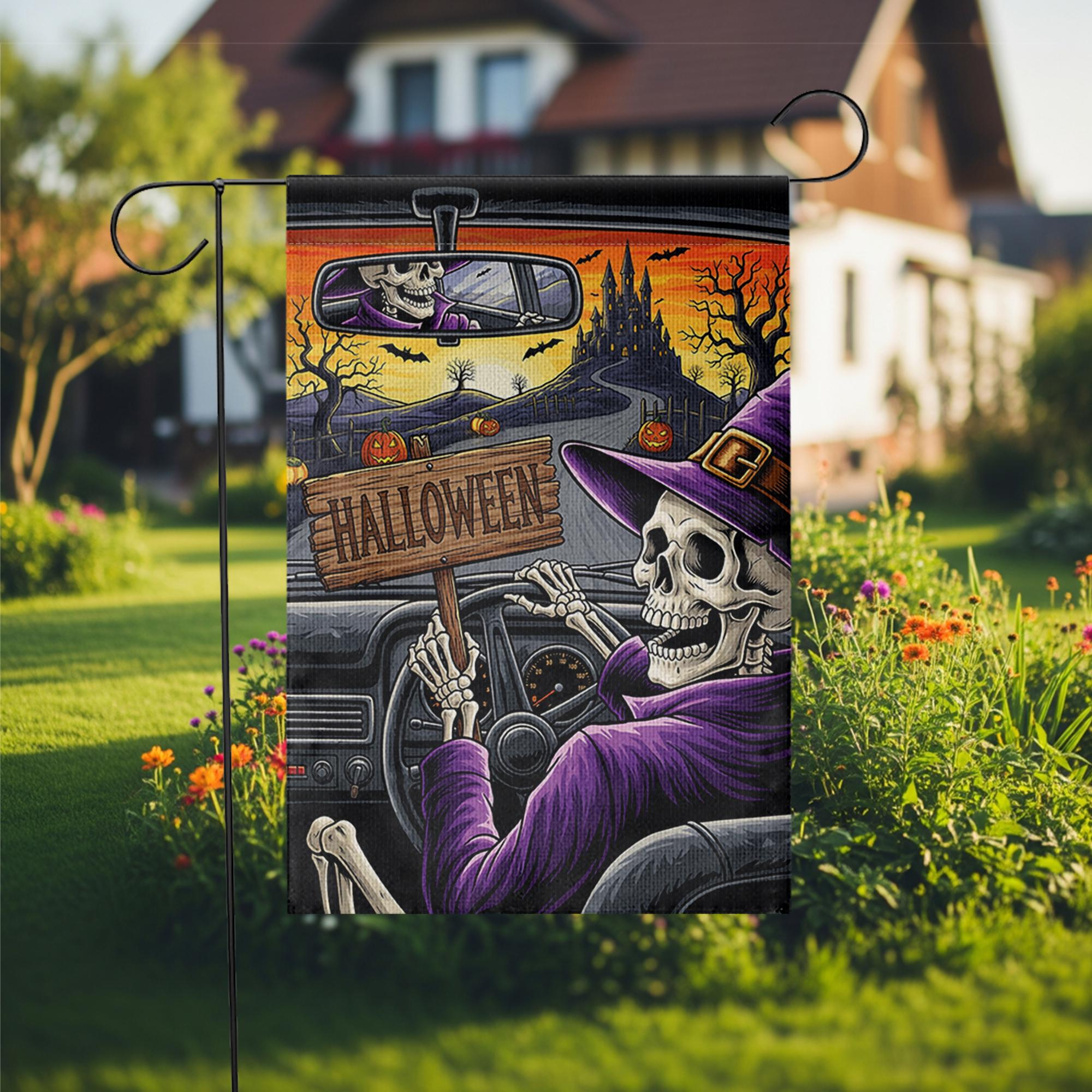 Skeleton Witch Driving Halloween Garden Flag – Spooky Haunted Castle Yard Decor – Creepy Fall Outdoor Sign