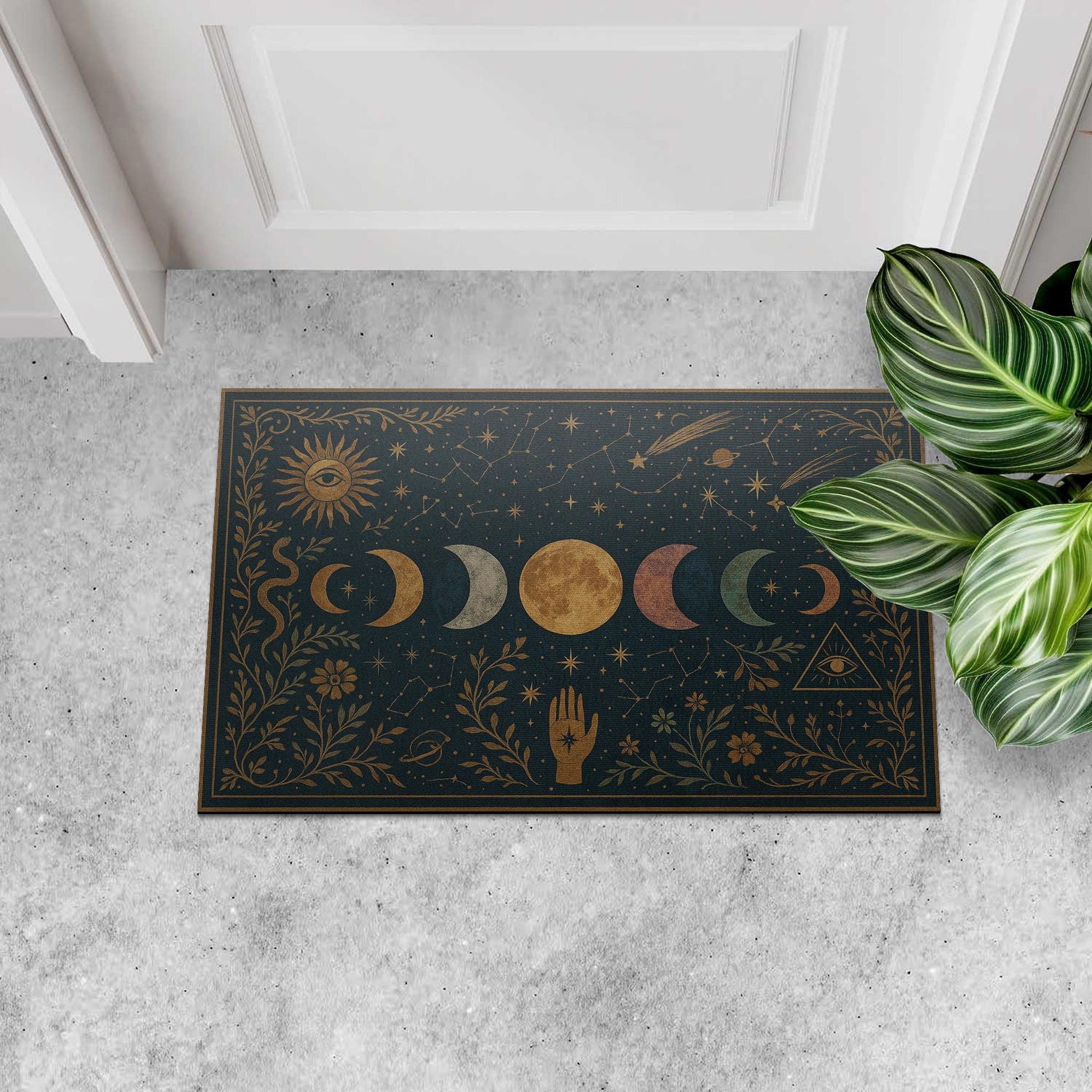 Mystical Moon Phase Doormat, Celestial Front Door Mat, Boho Witchy Welcome Rug, Spiritual Home Decor, Zodiac Star Doormat