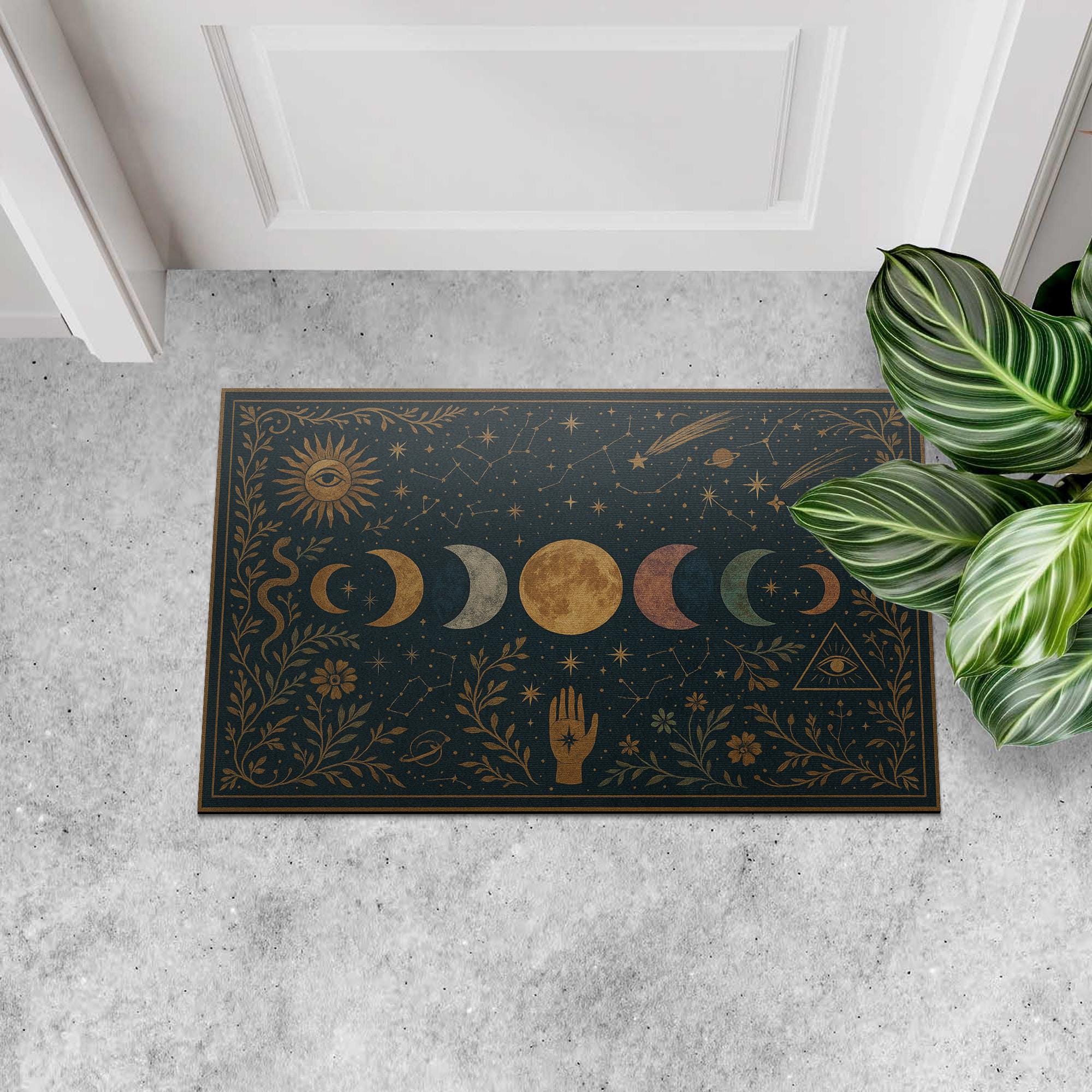 Mystical Moon Phase Doormat, Celestial Front Door Mat, Boho Witchy Welcome Rug, Spiritual Home Decor, Zodiac Star Doormat