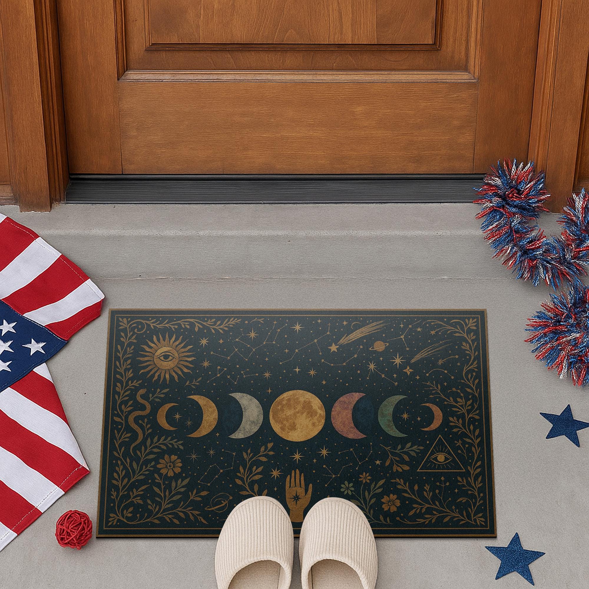 Mystical Moon Phase Doormat, Celestial Front Door Mat, Boho Witchy Welcome Rug, Spiritual Home Decor, Zodiac Star Doormat