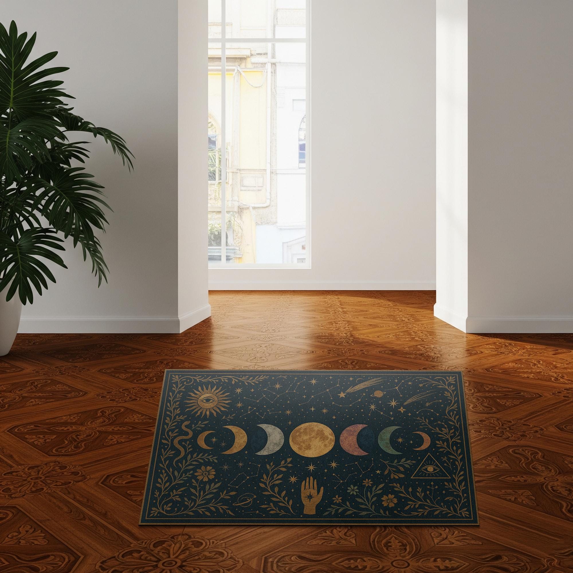 Mystical Moon Phase Doormat, Celestial Front Door Mat, Boho Witchy Welcome Rug, Spiritual Home Decor, Zodiac Star Doormat