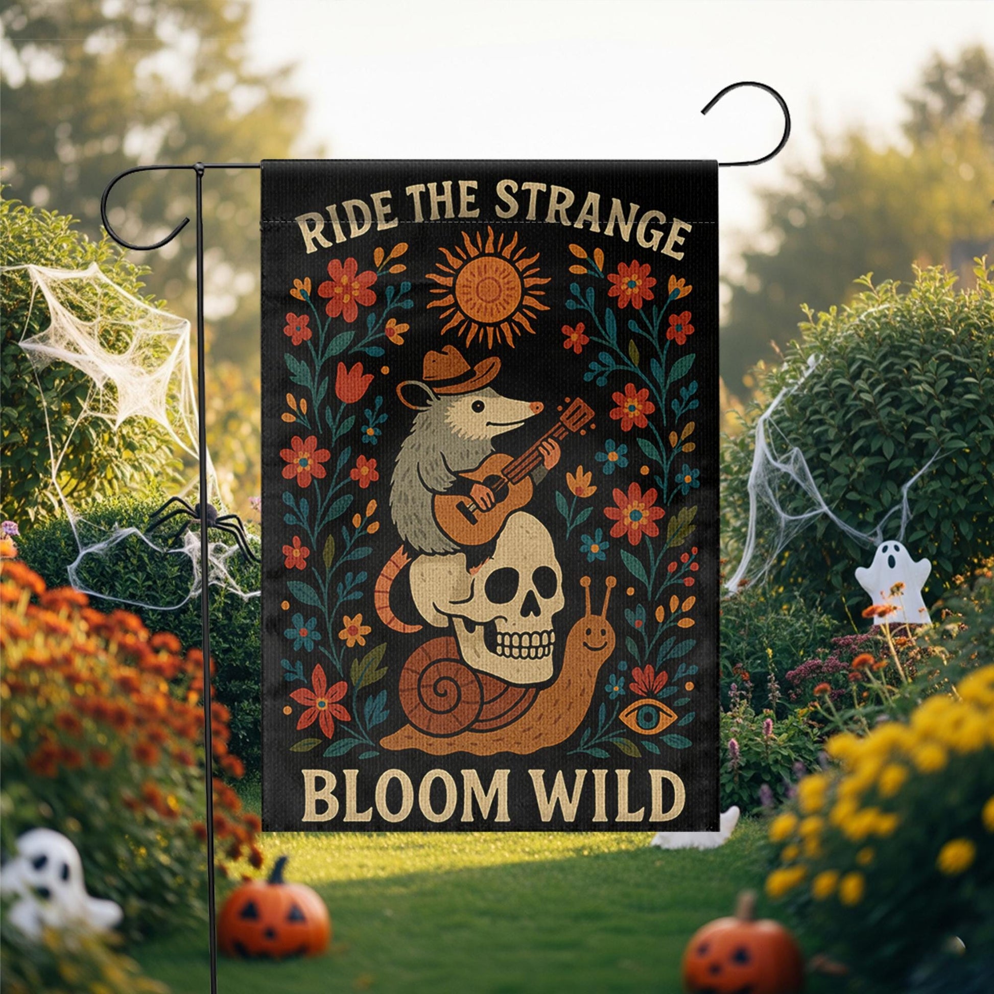 Ride the Strange Garden Flag, Bloom Wild Possum Decor, Whimsical Skull Yard Banner, Folk Art Outdoor Flag, Cottagecore Gift,Wild Garden Flag