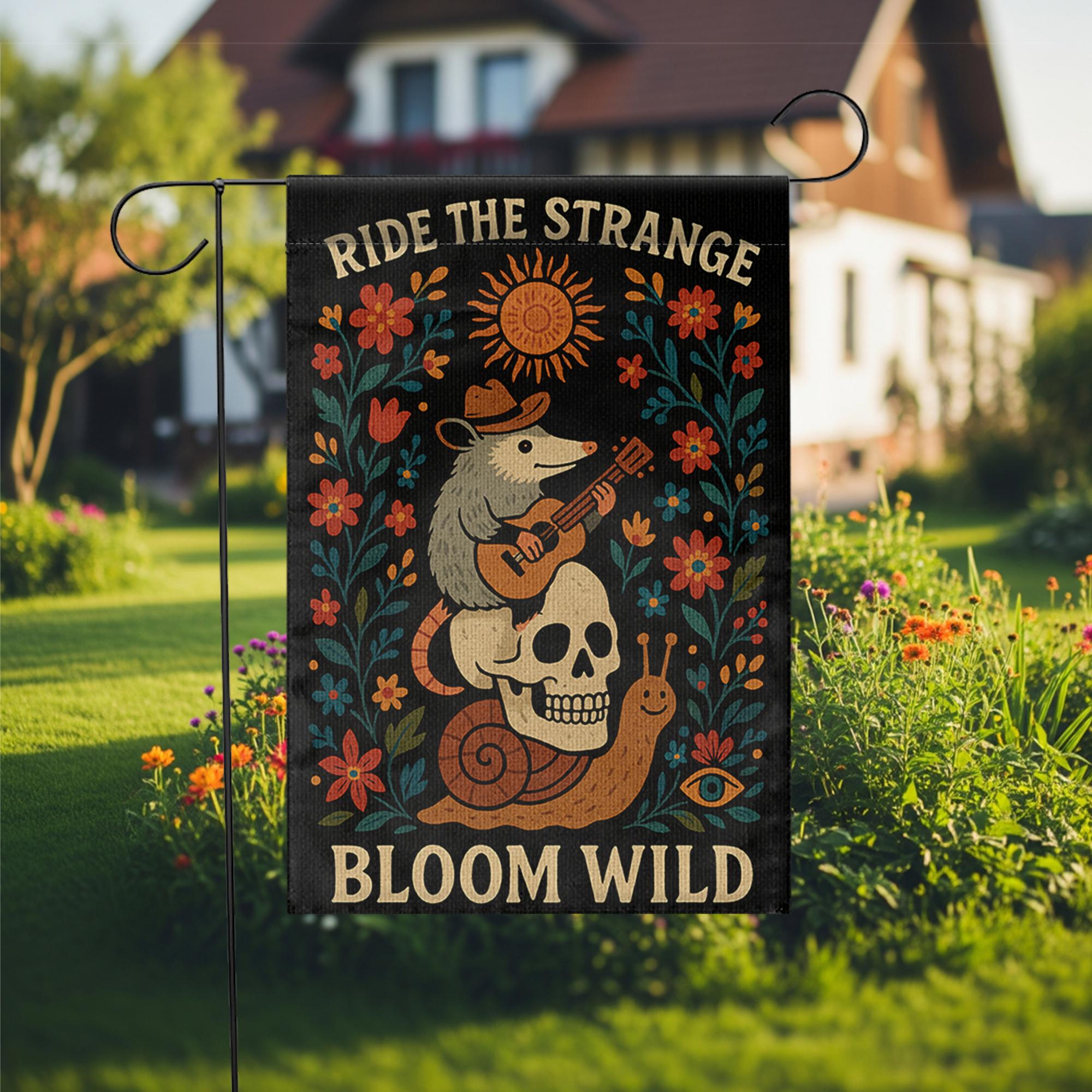 Ride the Strange Garden Flag, Bloom Wild Possum Decor, Whimsical Skull Yard Banner, Folk Art Outdoor Flag, Cottagecore Gift,Wild Garden Flag
