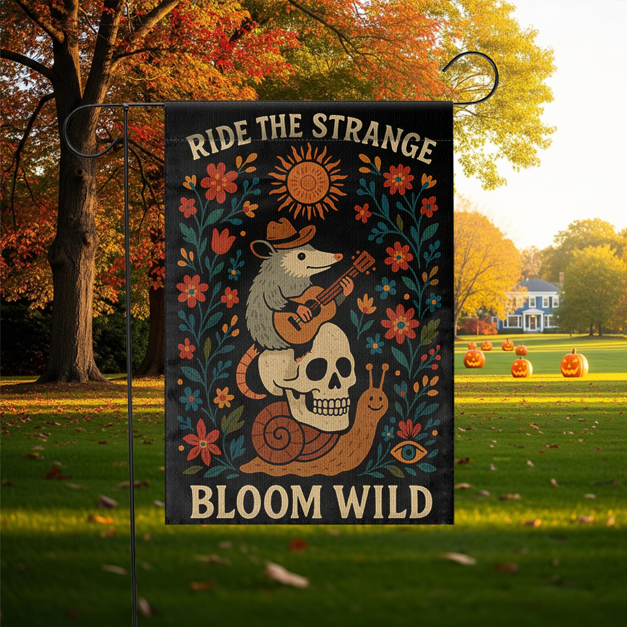 Ride the Strange Garden Flag, Bloom Wild Possum Decor, Whimsical Skull Yard Banner, Folk Art Outdoor Flag, Cottagecore Gift,Wild Garden Flag