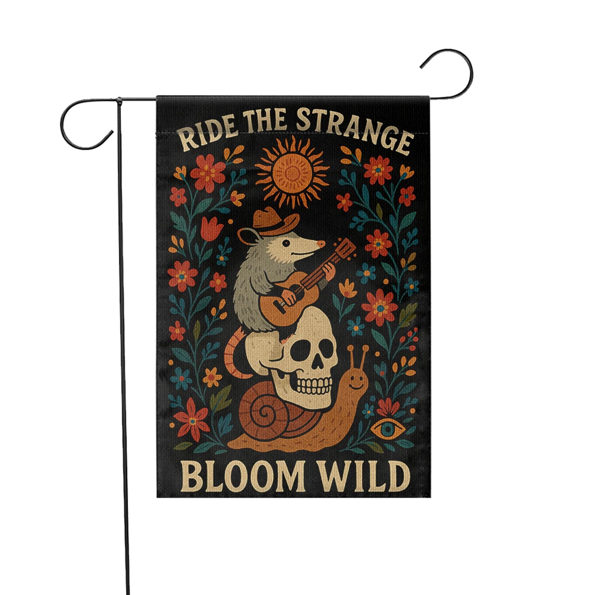Ride the Strange Garden Flag, Bloom Wild Possum Decor, Whimsical Skull Yard Banner, Folk Art Outdoor Flag, Cottagecore Gift,Wild Garden Flag