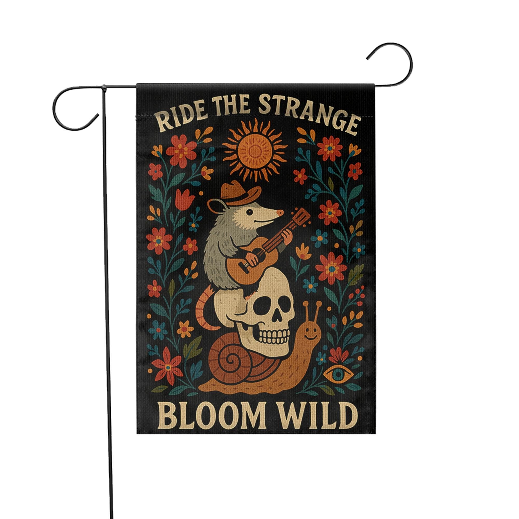 Ride the Strange Garden Flag, Bloom Wild Possum Decor, Whimsical Skull Yard Banner, Folk Art Outdoor Flag, Cottagecore Gift,Wild Garden Flag