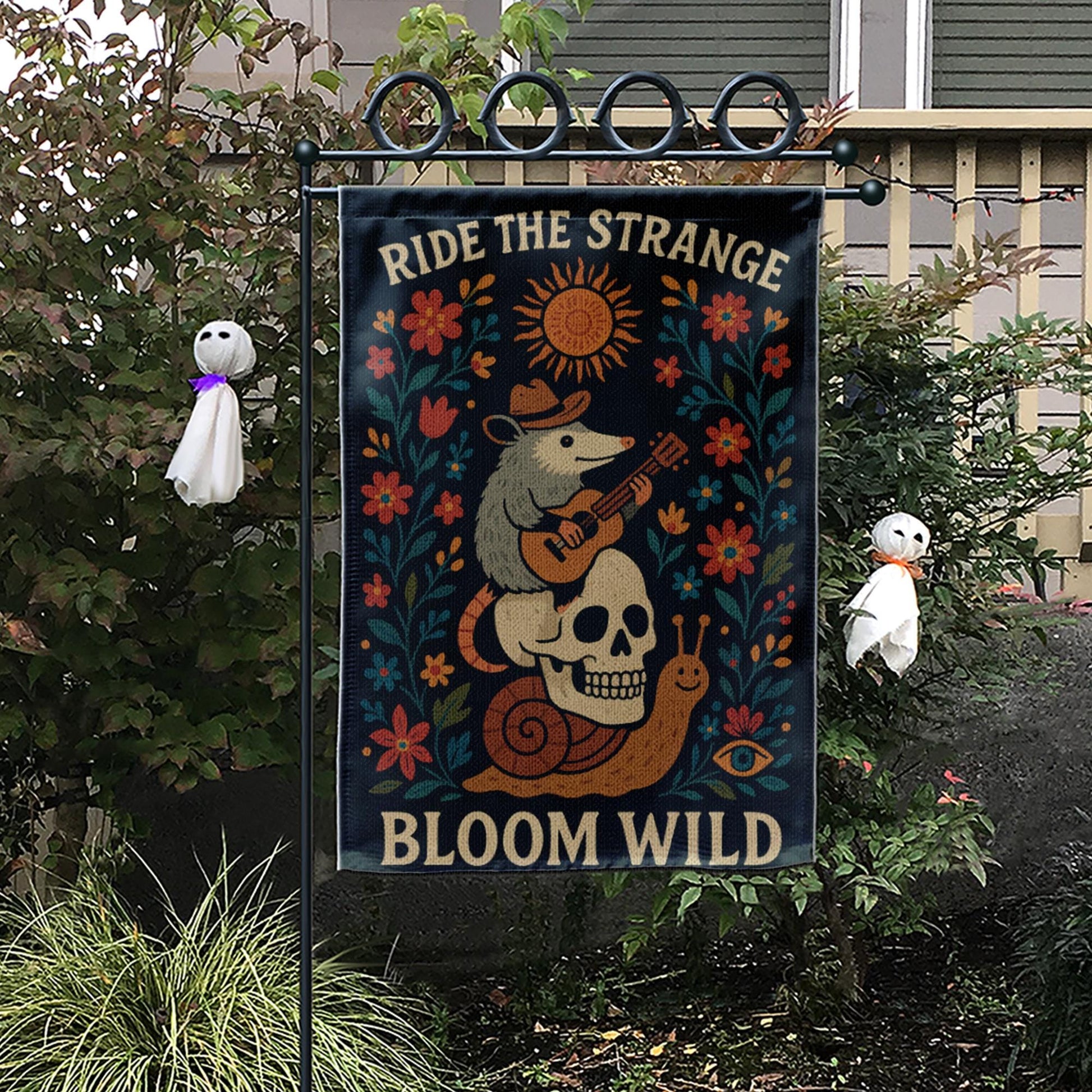 Ride the Strange Garden Flag, Bloom Wild Possum Decor, Whimsical Skull Yard Banner, Folk Art Outdoor Flag, Cottagecore Gift,Wild Garden Flag