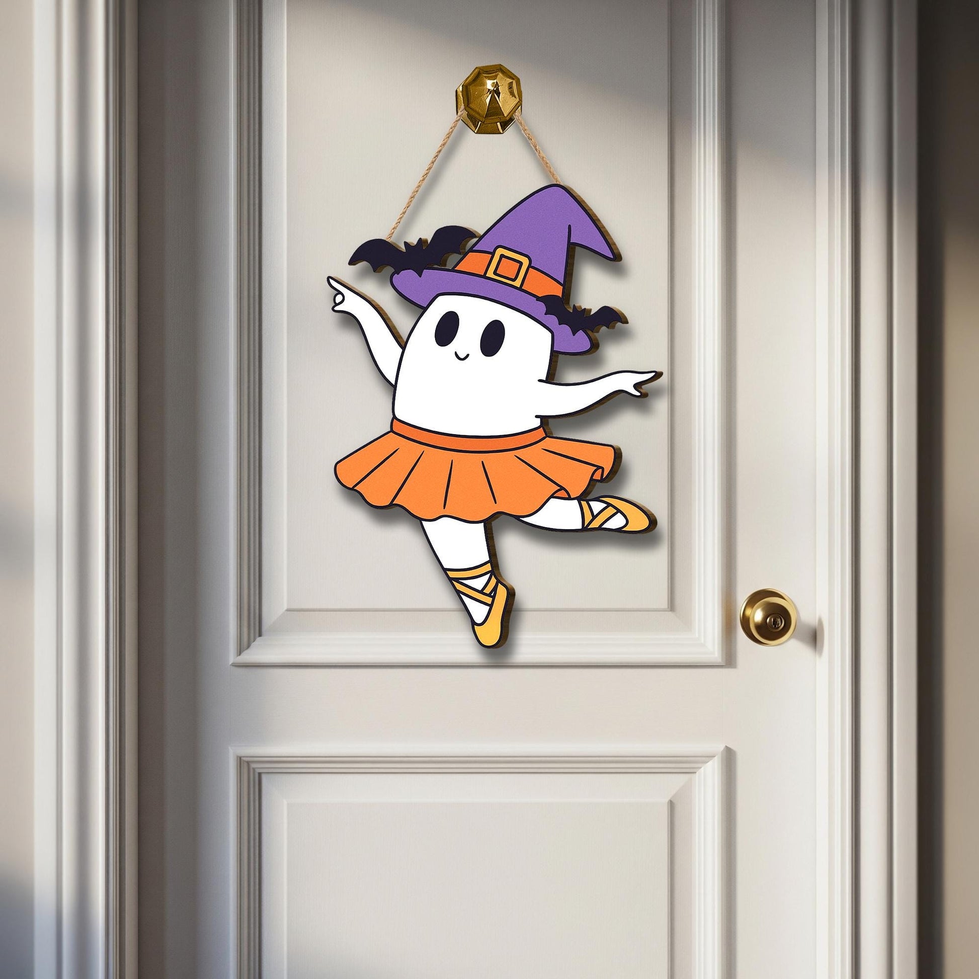 Cute Halloween Ballerina Ghost Door Hanger, Witch Hat, Tutu Decor, Fall Porch Sign, Fun Spooky Ballet Decoration, Halloween Ghost Decor