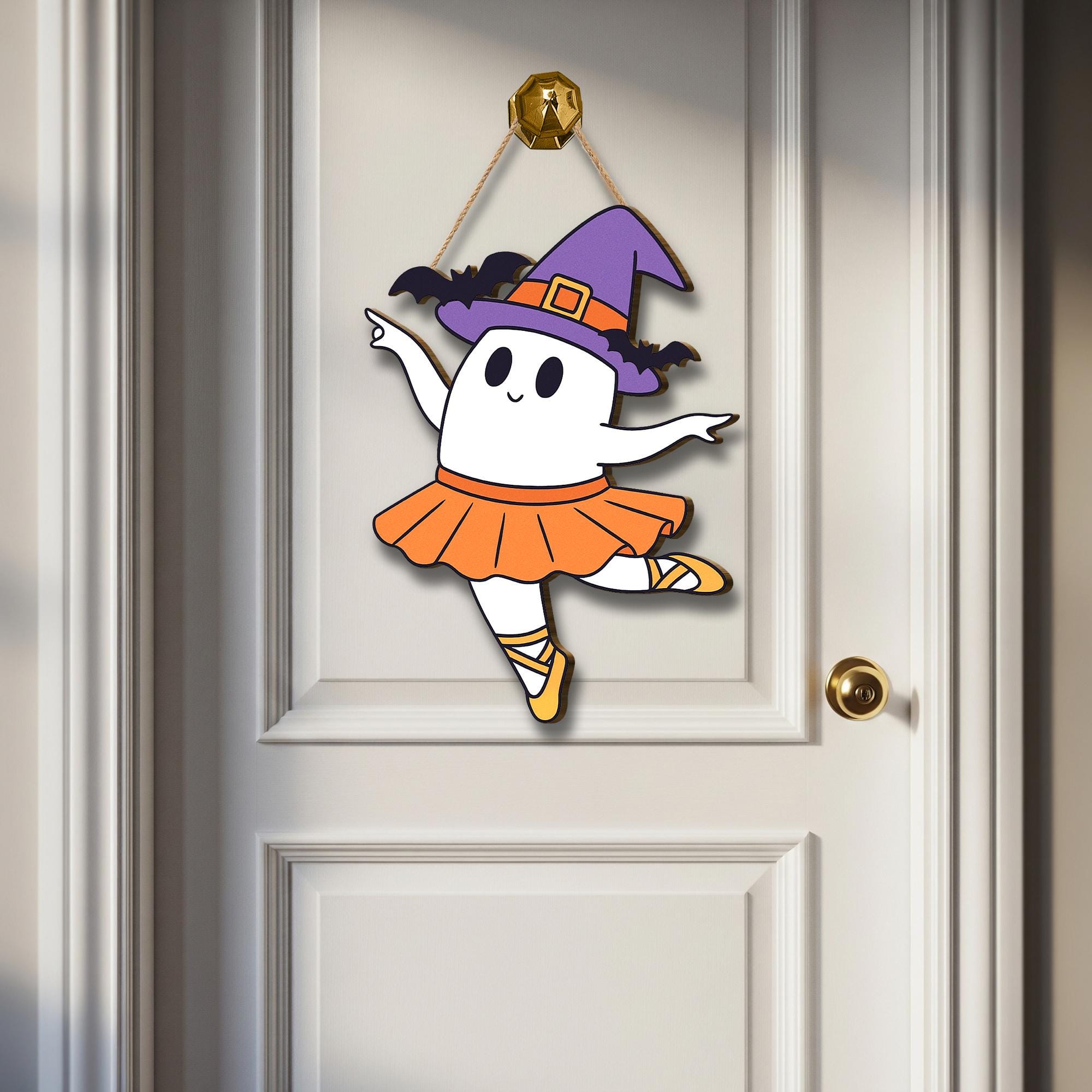 Cute Halloween Ballerina Ghost Door Hanger, Witch Hat, Tutu Decor, Fall Porch Sign, Fun Spooky Ballet Decoration, Halloween Ghost Decor