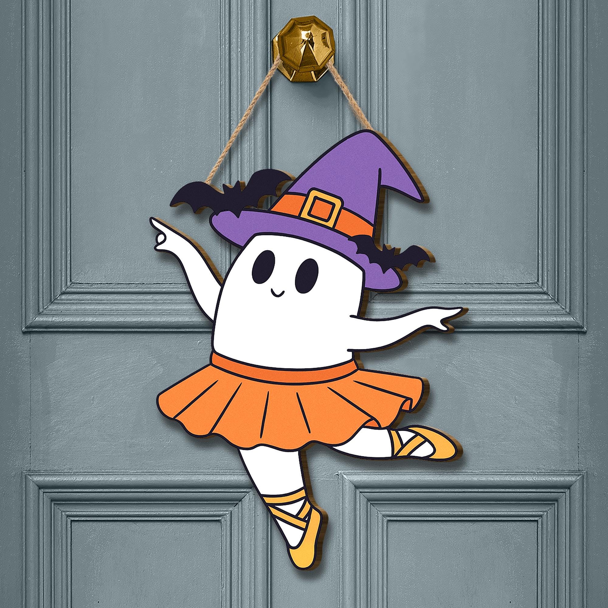 Cute Halloween Ballerina Ghost Door Hanger, Witch Hat, Tutu Decor, Fall Porch Sign, Fun Spooky Ballet Decoration, Halloween Ghost Decor