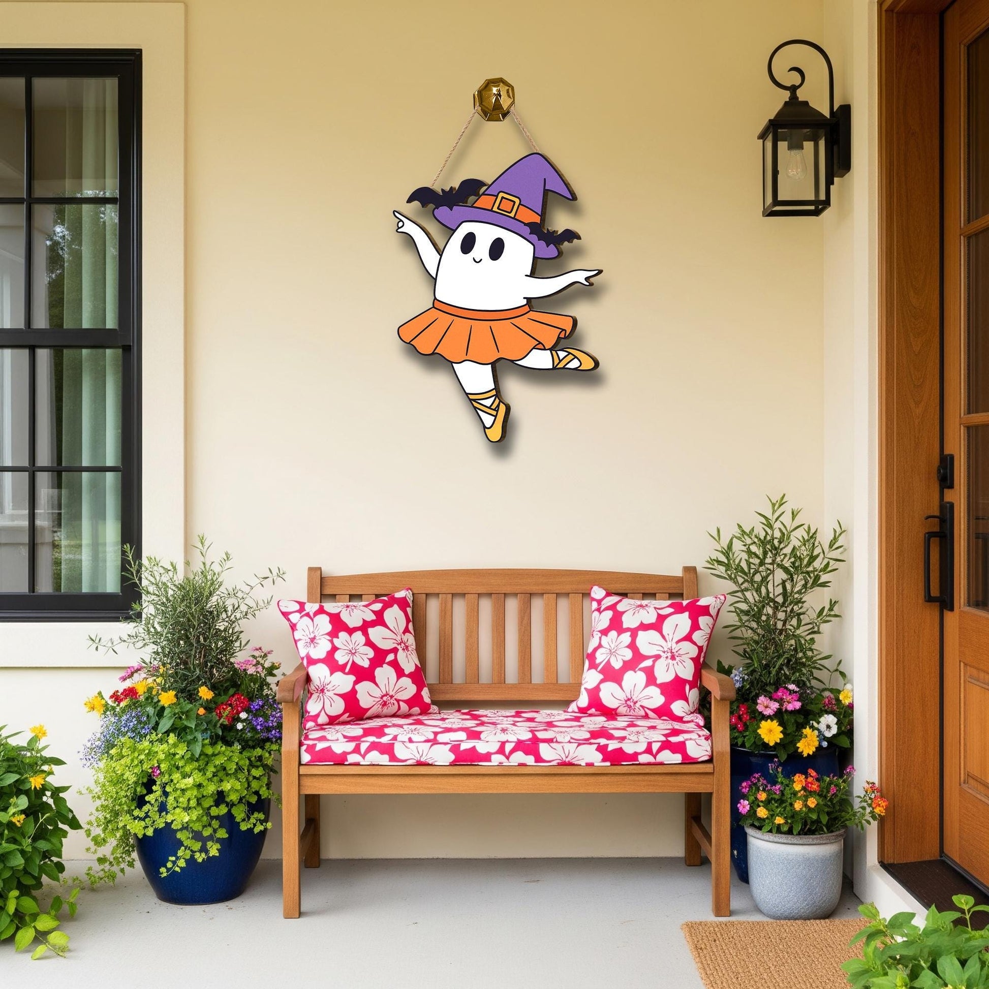 Cute Halloween Ballerina Ghost Door Hanger, Witch Hat, Tutu Decor, Fall Porch Sign, Fun Spooky Ballet Decoration, Halloween Ghost Decor