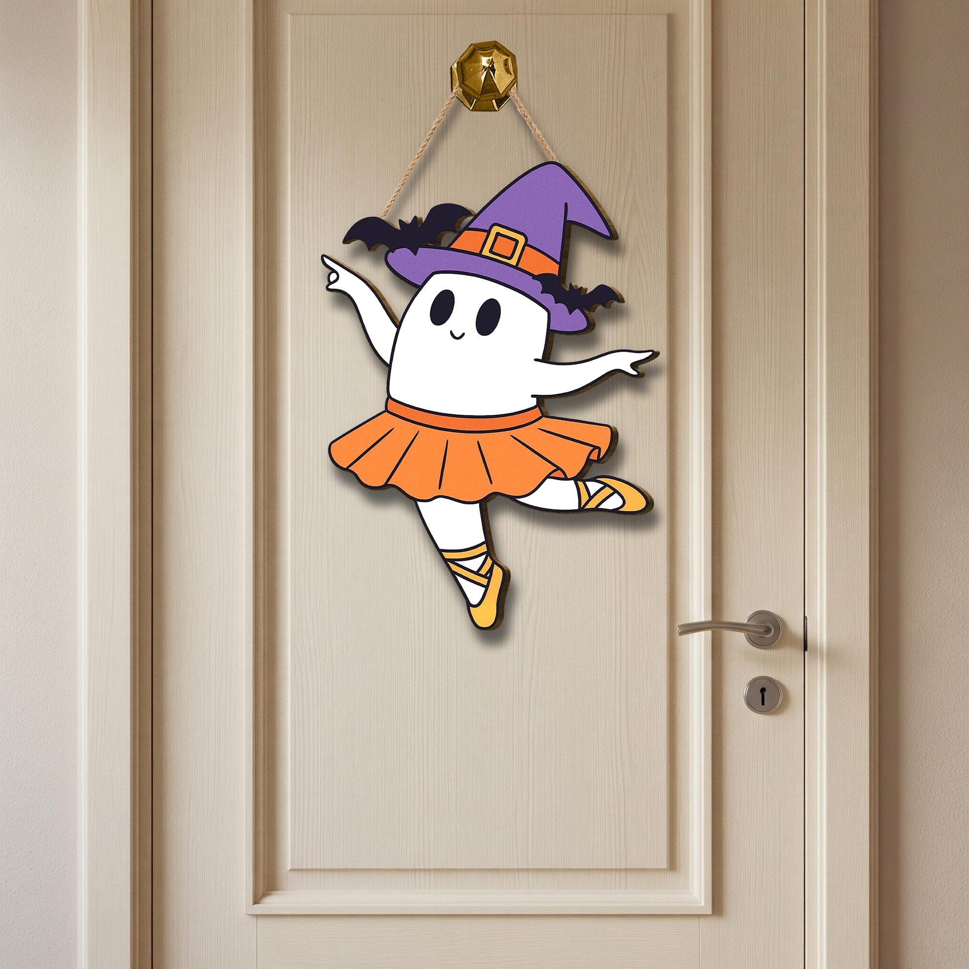 Cute Halloween Ballerina Ghost Door Hanger, Witch Hat, Tutu Decor, Fall Porch Sign, Fun Spooky Ballet Decoration, Halloween Ghost Decor