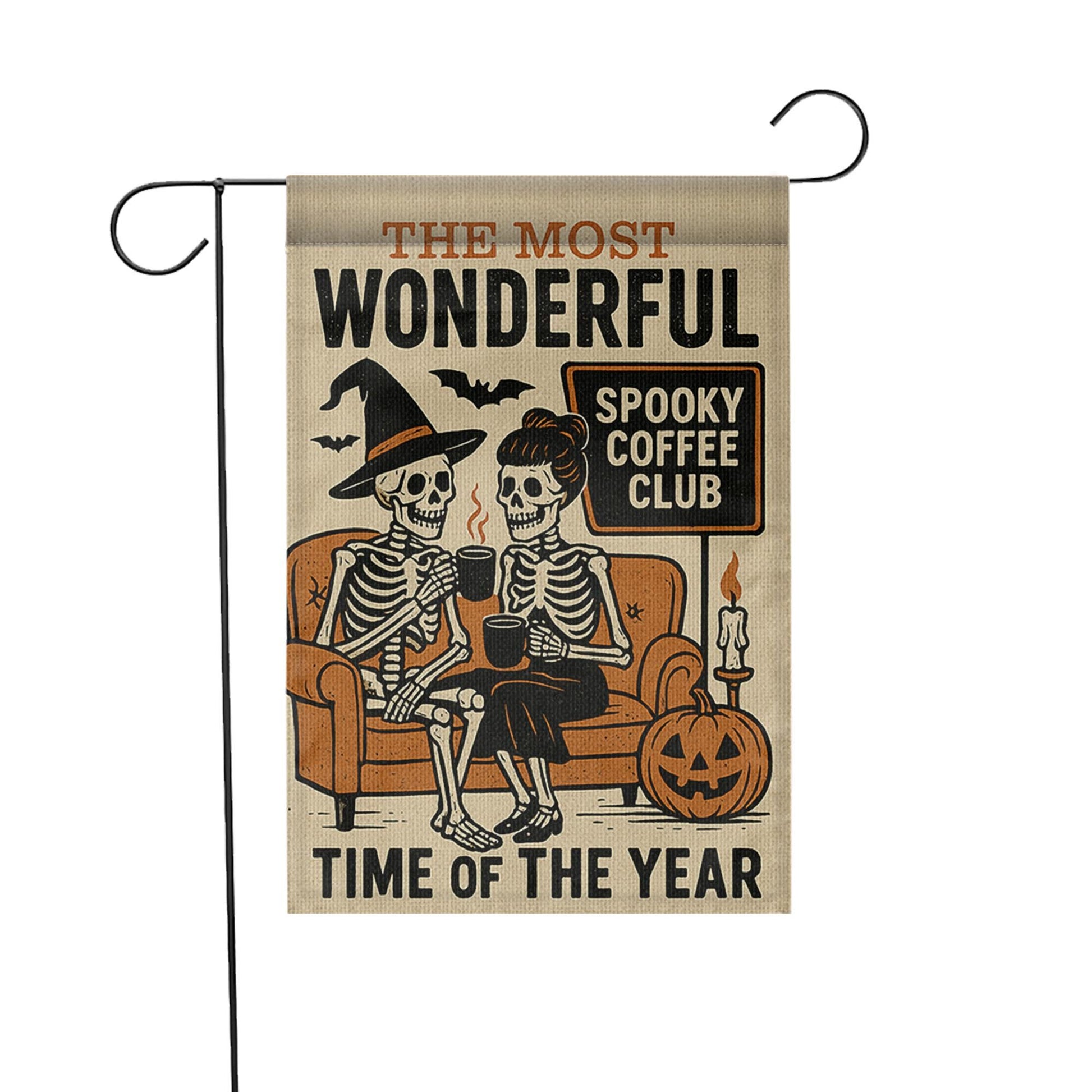 Spooky Coffee Club Garden Flag, Skeleton Halloween Yard Sign, Funny Fall Porch Decor, Witchy Pumpkin Banner, Autumn Outdoor Flag