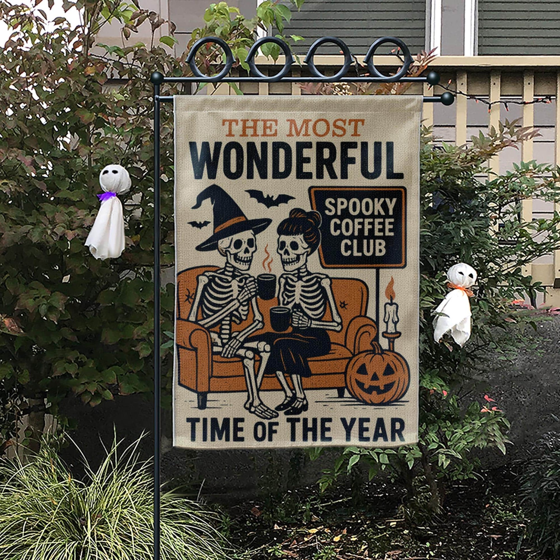 Spooky Coffee Club Garden Flag, Skeleton Halloween Yard Sign, Funny Fall Porch Decor, Witchy Pumpkin Banner, Autumn Outdoor Flag