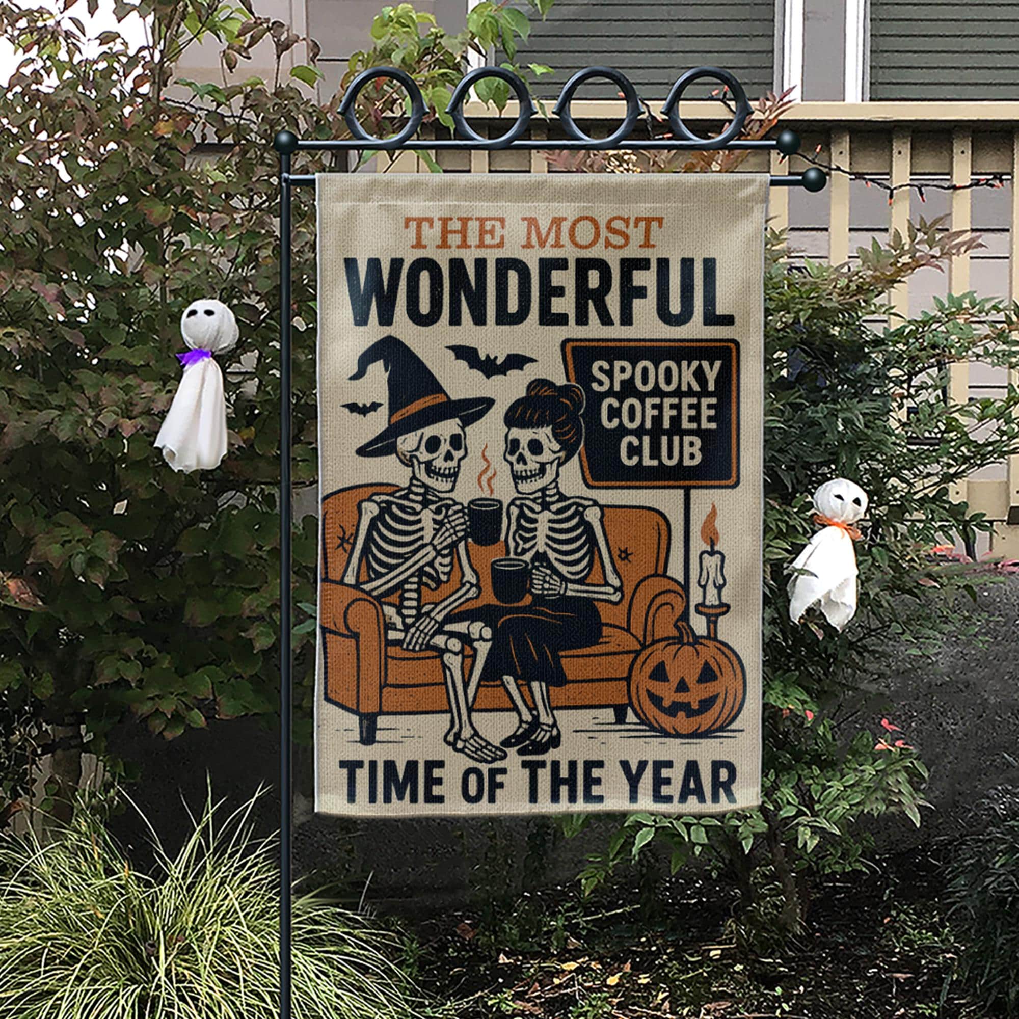 Spooky Coffee Club Garden Flag, Skeleton Halloween Yard Sign, Funny Fall Porch Decor, Witchy Pumpkin Banner, Autumn Outdoor Flag