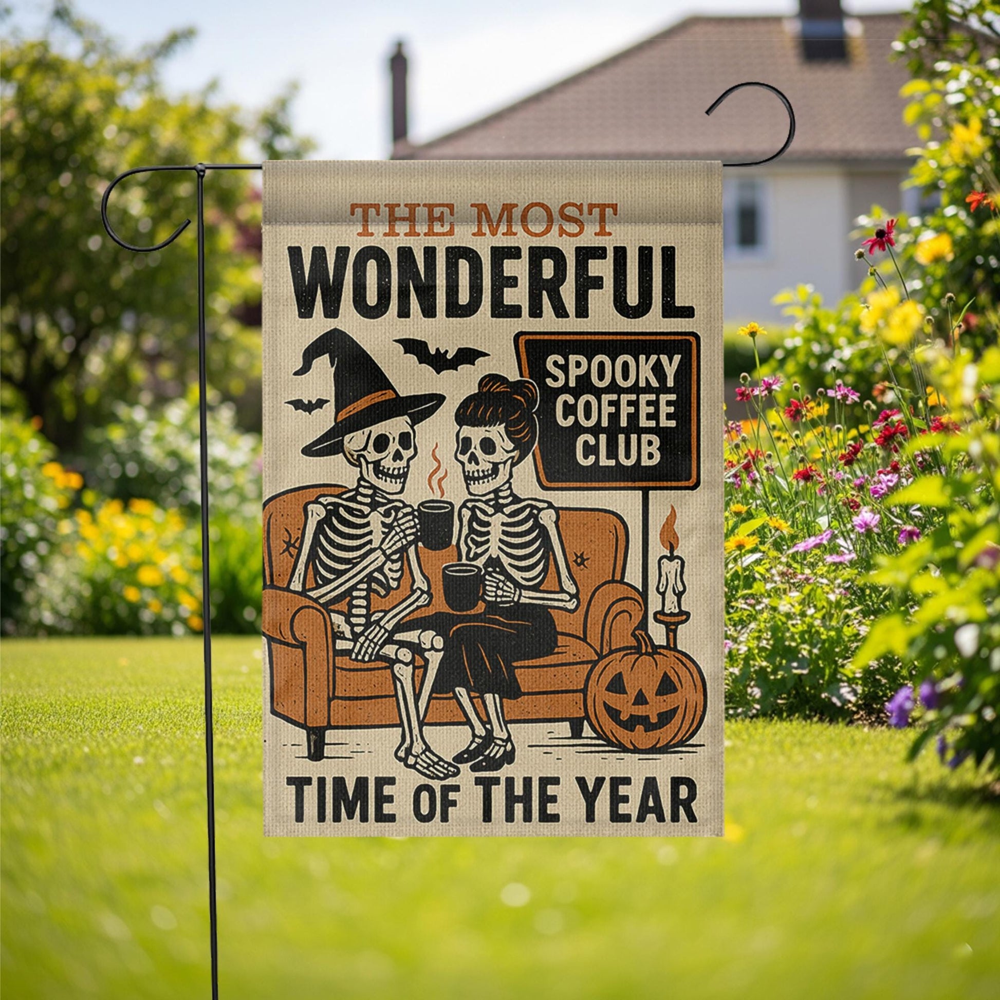 Spooky Coffee Club Garden Flag, Skeleton Halloween Yard Sign, Funny Fall Porch Decor, Witchy Pumpkin Banner, Autumn Outdoor Flag
