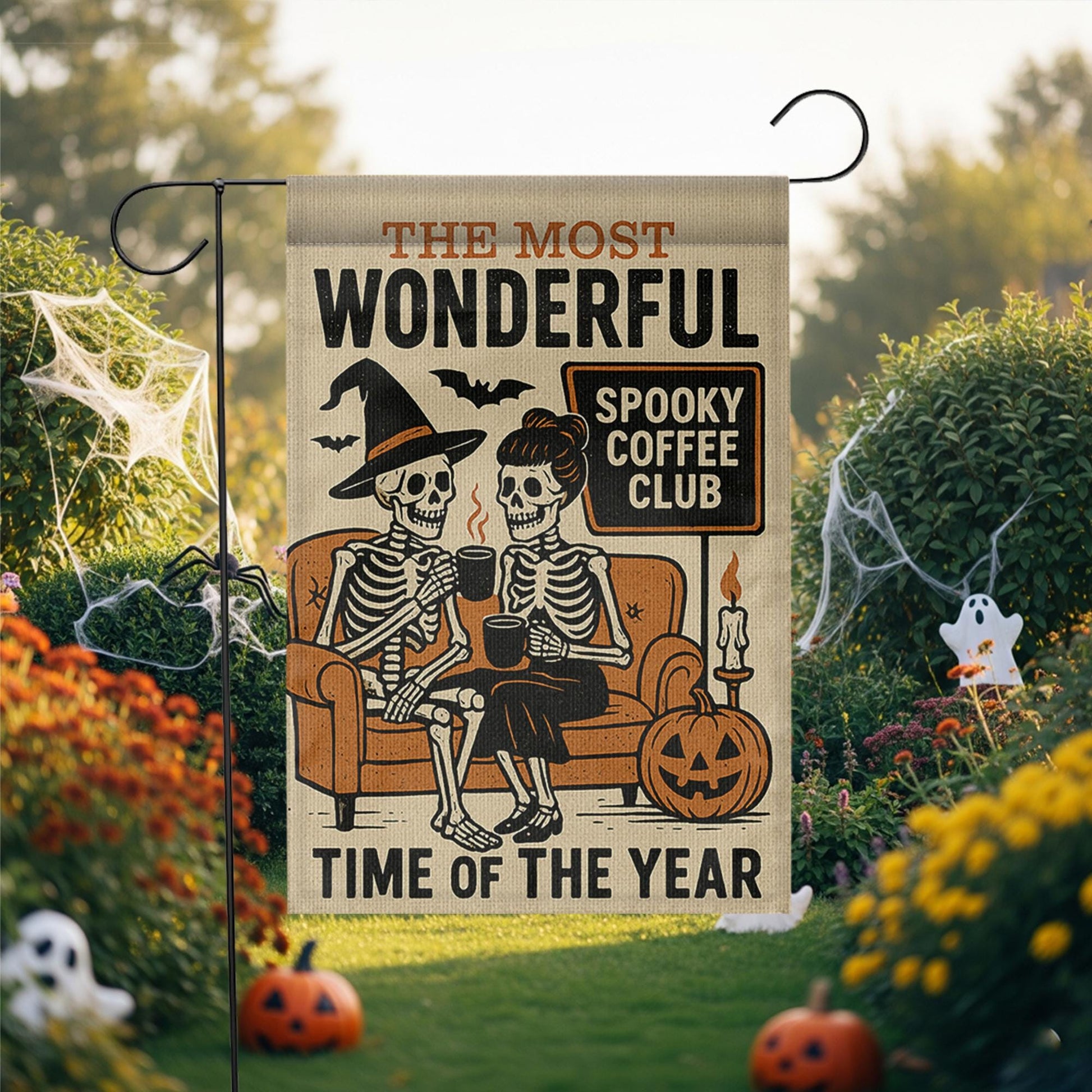 Spooky Coffee Club Garden Flag, Skeleton Halloween Yard Sign, Funny Fall Porch Decor, Witchy Pumpkin Banner, Autumn Outdoor Flag